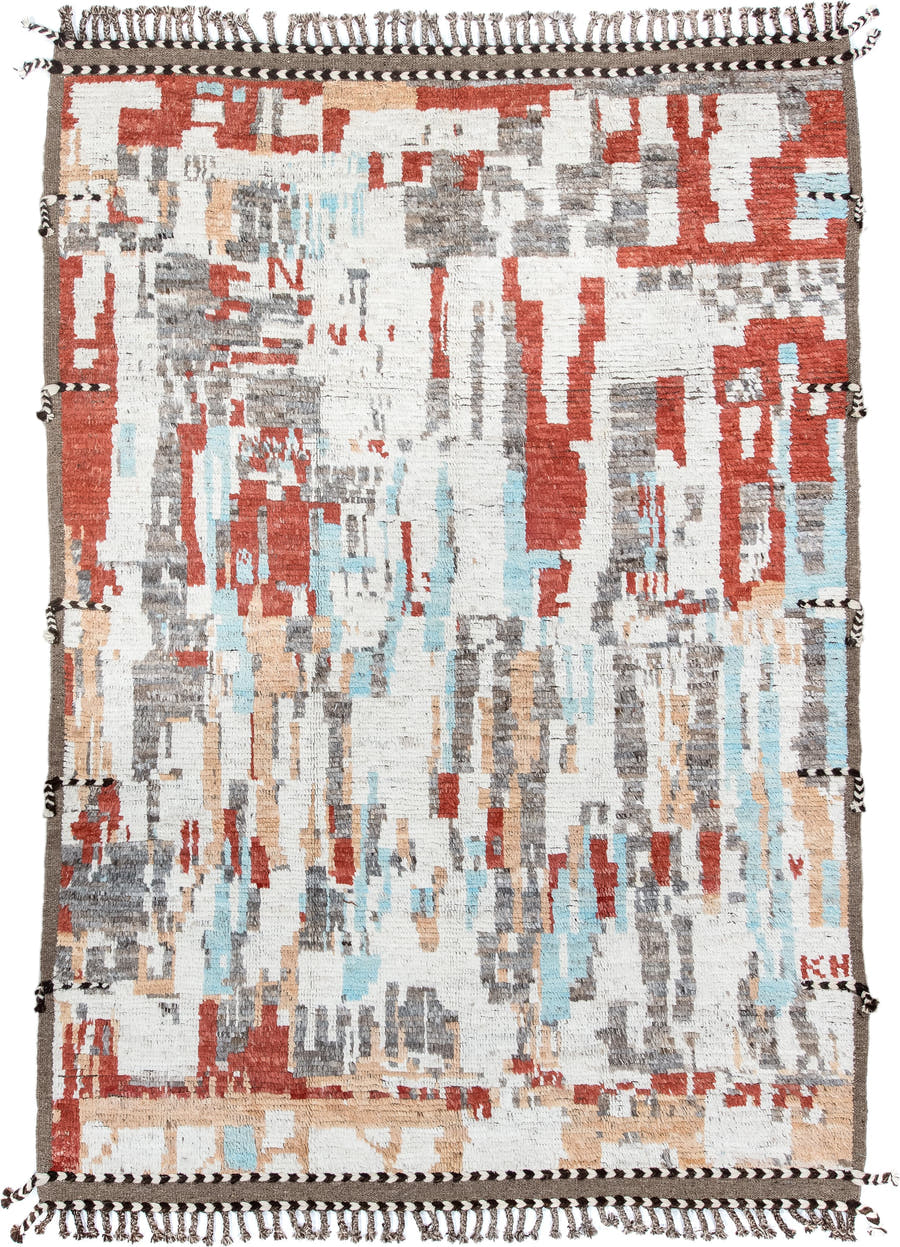 7' x 9' one-of-a-kind handmade vintage Tulu rug. Color palette: ivory, terra cotta, gray, pale aqua, camel, brown