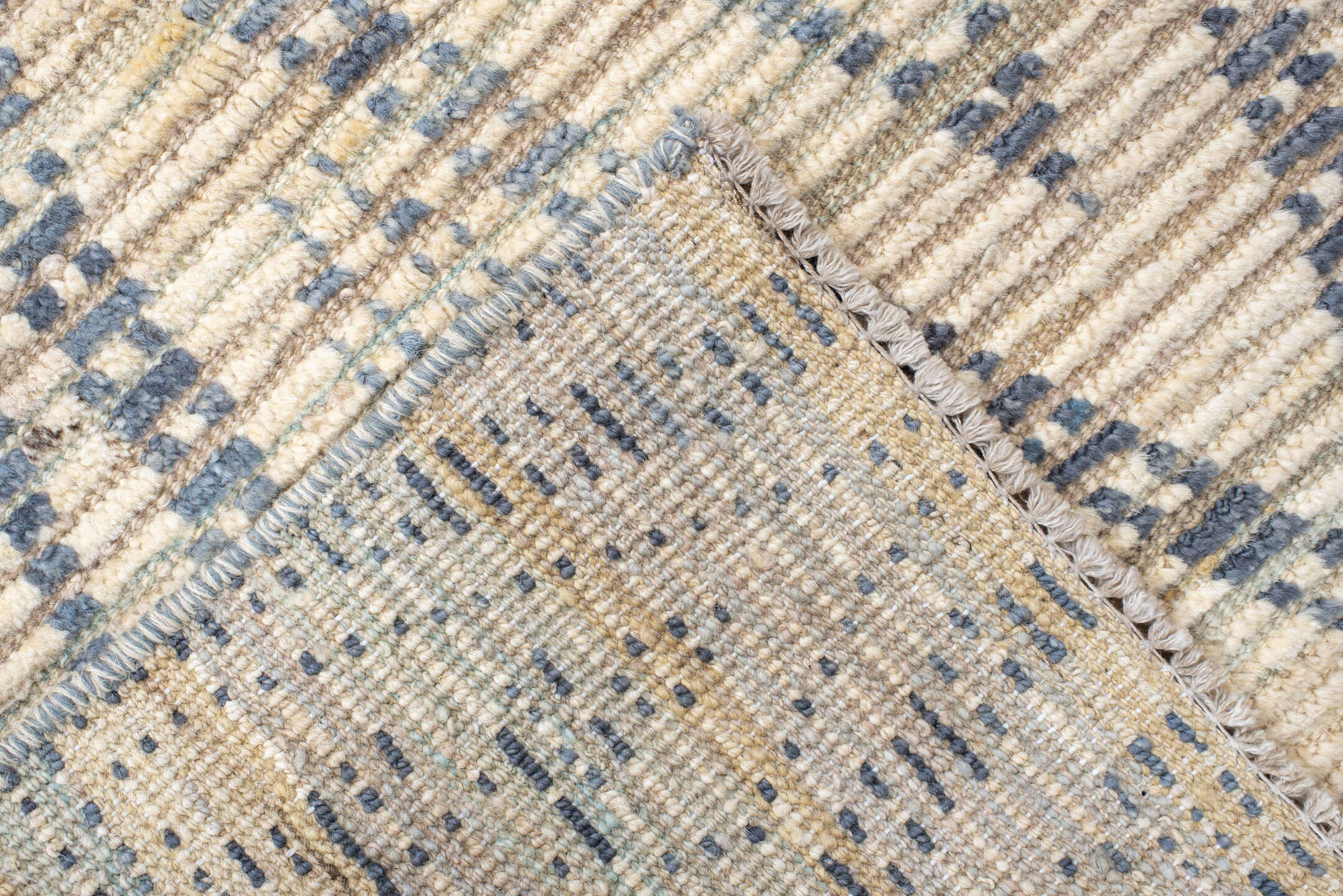 2' x 9' one-of-a-kind handmade vintage Tulu runner rug. Color palette: antiquewhite, beige, blue, brown, dark gray, gray