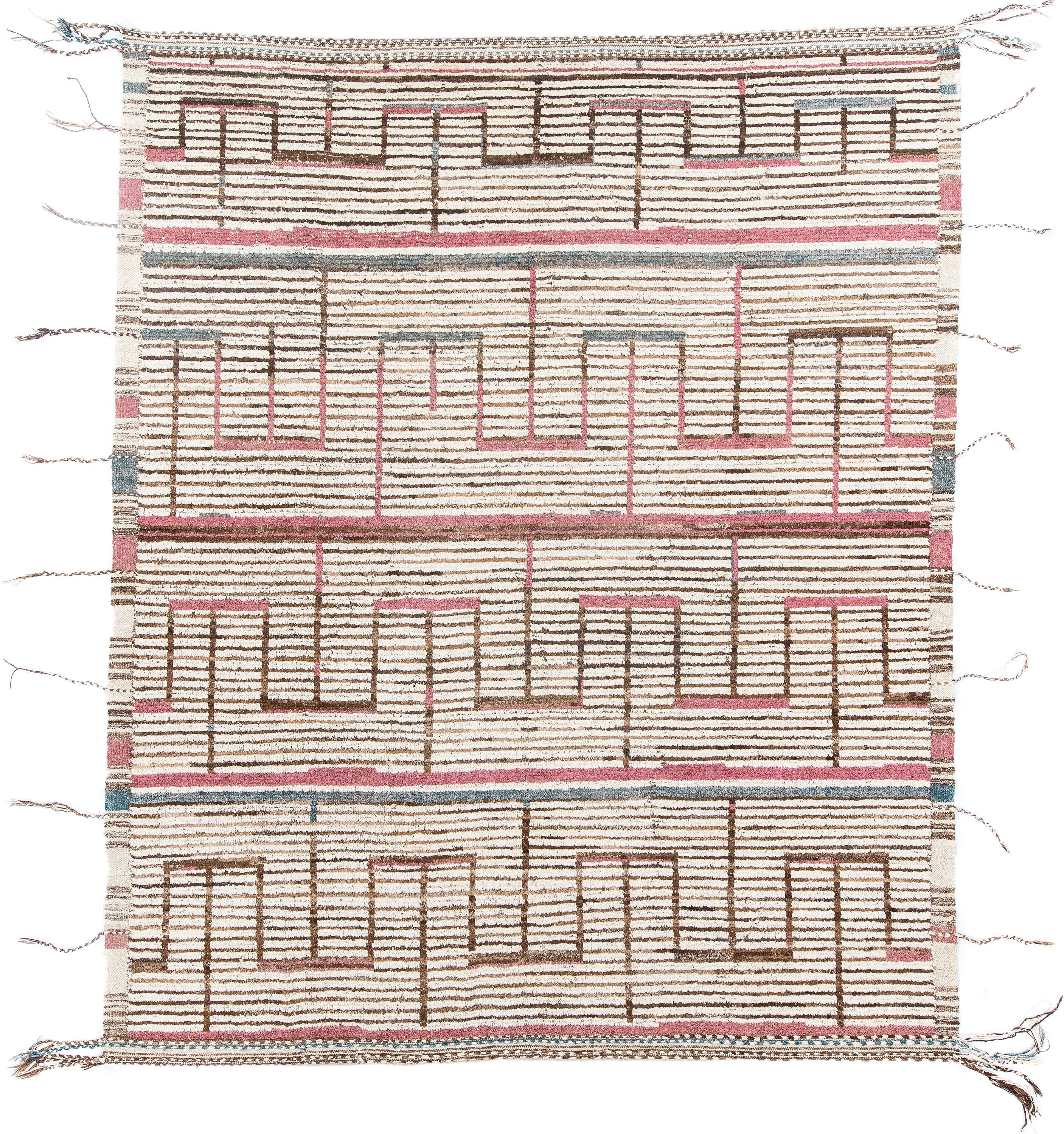 8' x 10' one-of-a-kind handmade vintage Tulu large size rug. Color palette: ivory, brown, rose, pale_blue, taupe, pink, red