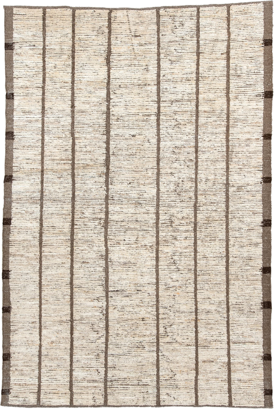 6' x 8' one-of-a-kind handmade vintage Tulu medium size rug. Color palette: ivory, taupe, brown, cream, charcoal, beige