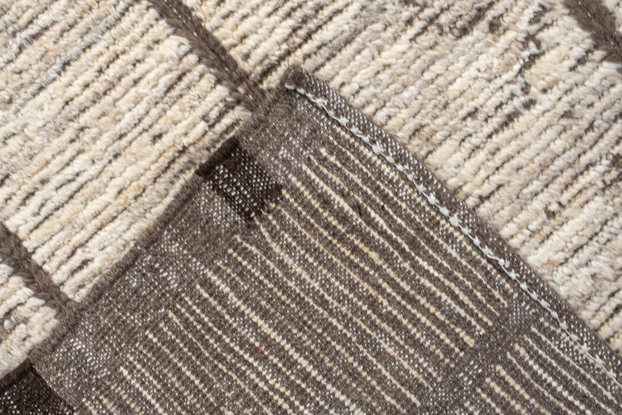 6' x 8' one-of-a-kind handmade vintage Tulu medium size rug. Color palette: ivory, taupe, brown, cream, charcoal, beige