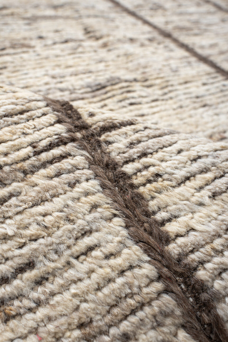 6' x 8' one-of-a-kind handmade vintage Tulu medium size rug. Color palette: ivory, taupe, brown, cream, charcoal, beige