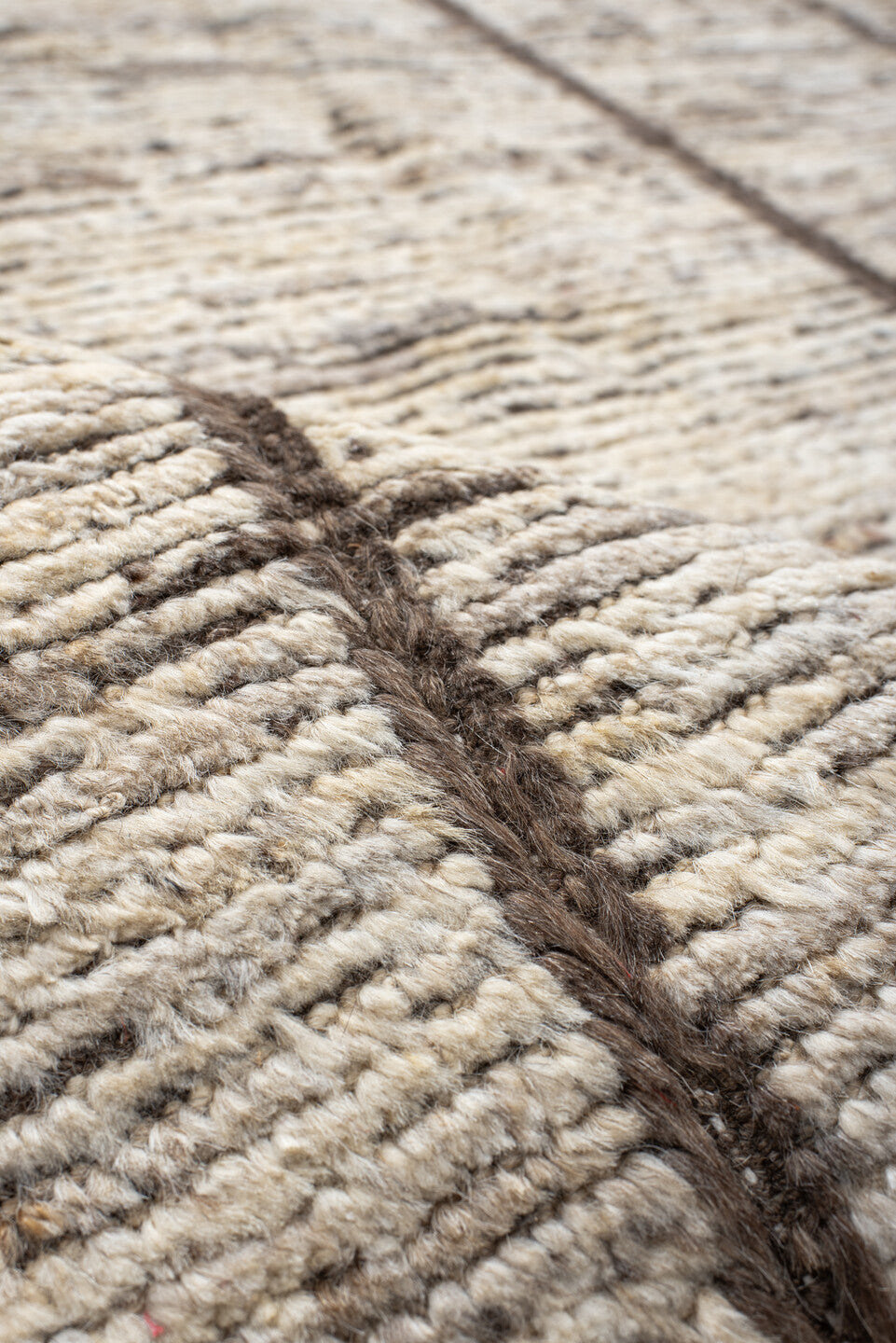 6' x 8' one-of-a-kind handmade vintage Tulu medium size rug. Color palette: ivory, taupe, brown, cream, charcoal, beige
