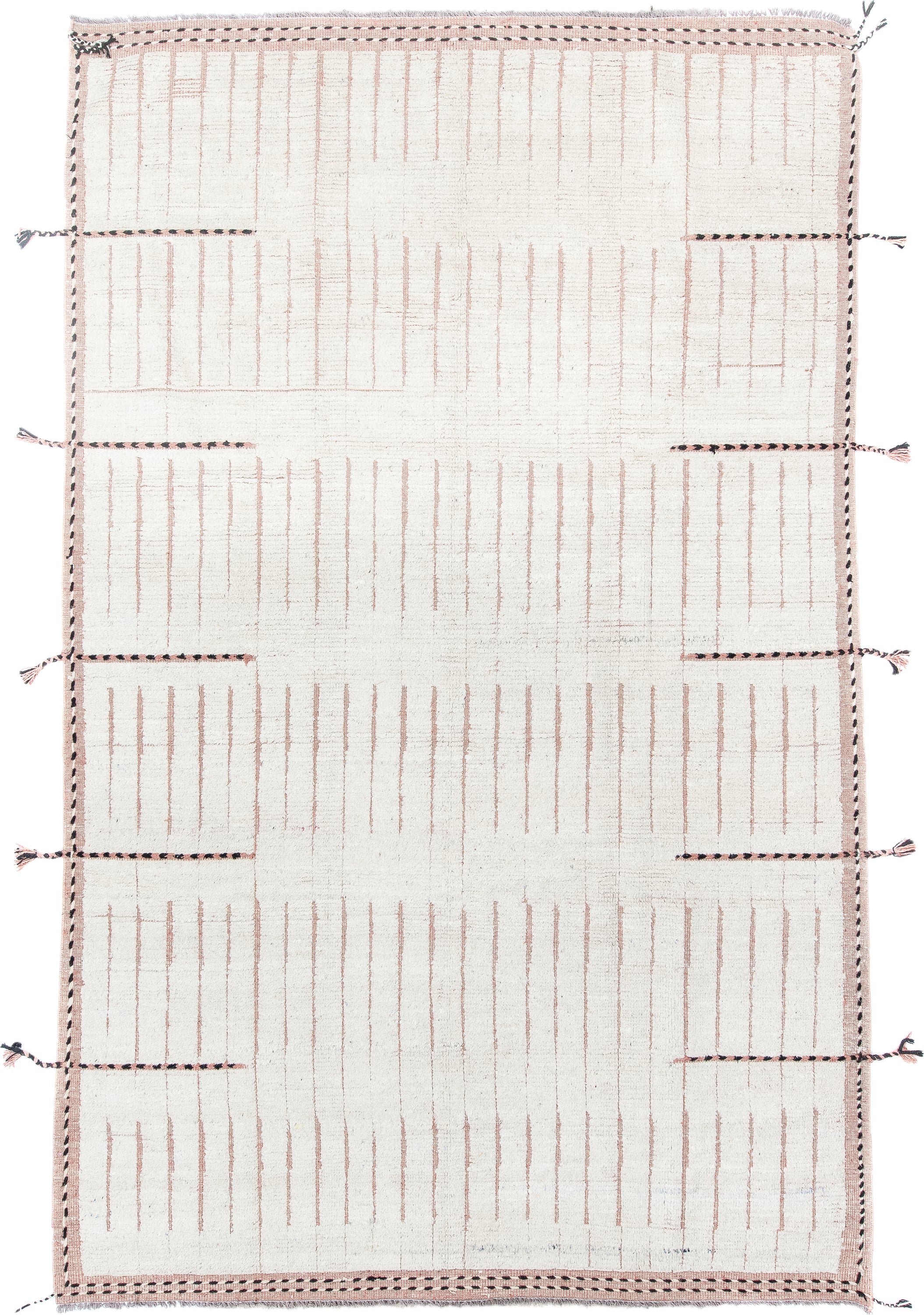 7' x 12' one-of-a-kind handmade vintage Tulu large size rug. Color palette: ivory, blush, charcoal, cream, taupe, pink, gray