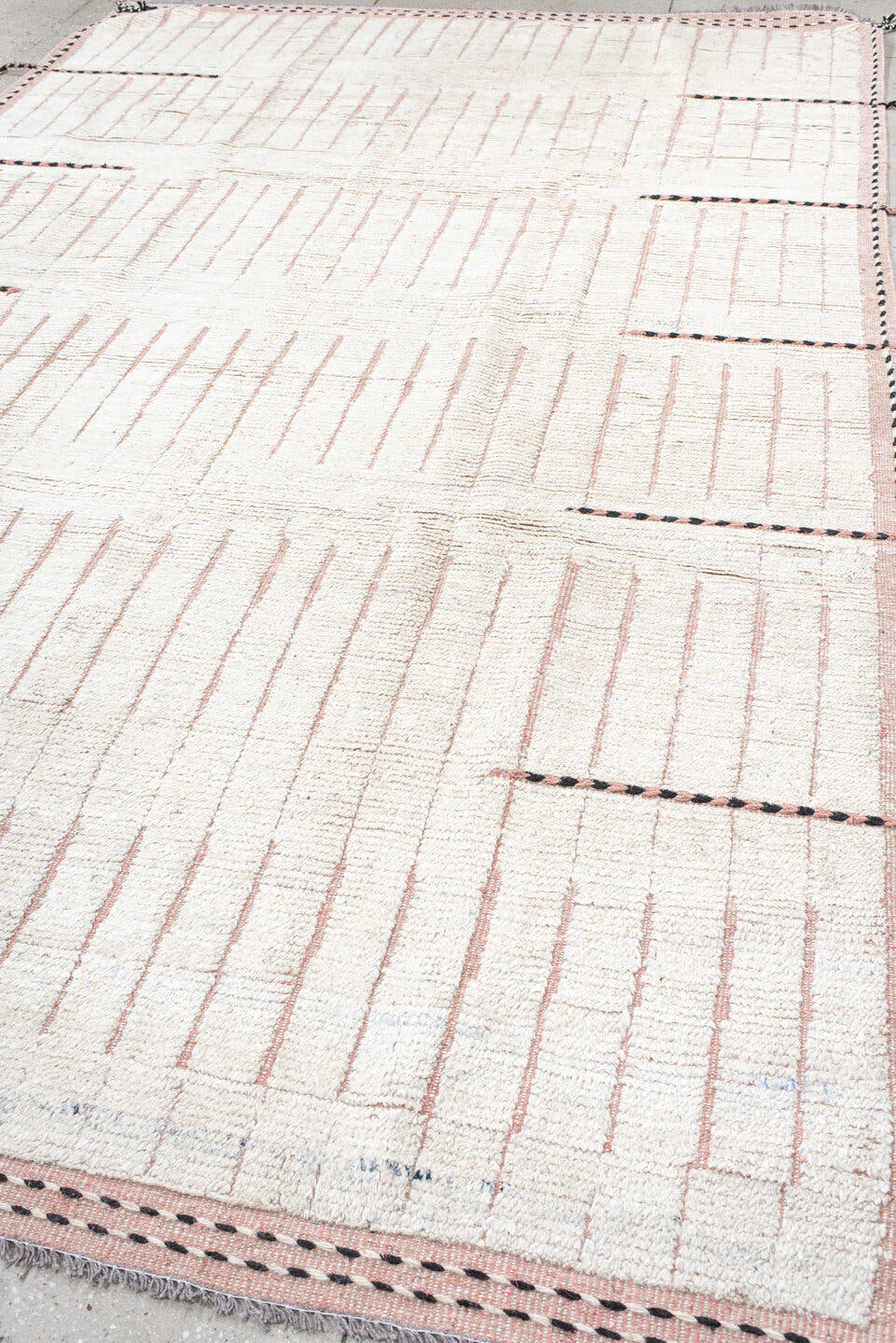 7' x 12' one-of-a-kind handmade vintage Tulu large size rug. Color palette: ivory, blush, charcoal, cream, taupe, pink, gray