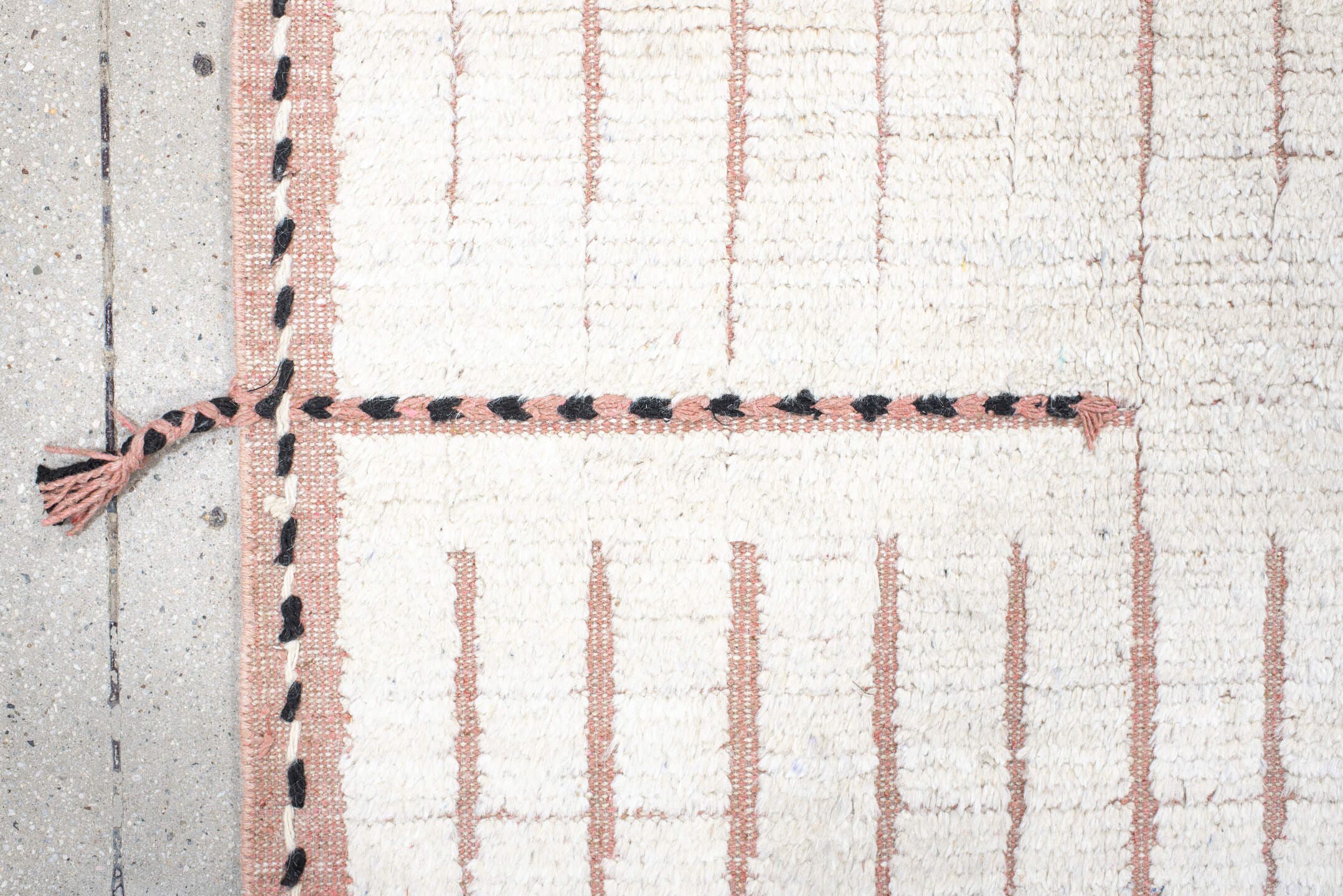 7' x 12' one-of-a-kind handmade vintage Tulu large size rug. Color palette: ivory, blush, charcoal, cream, taupe, pink, gray