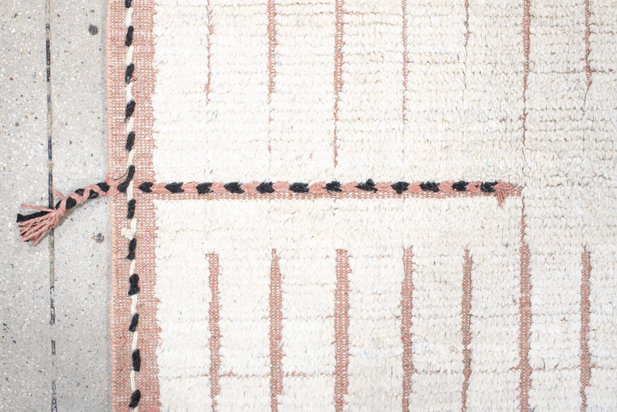 7' x 12' one-of-a-kind handmade vintage Tulu large size rug. Color palette: ivory, blush, charcoal, cream, taupe, pink, gray