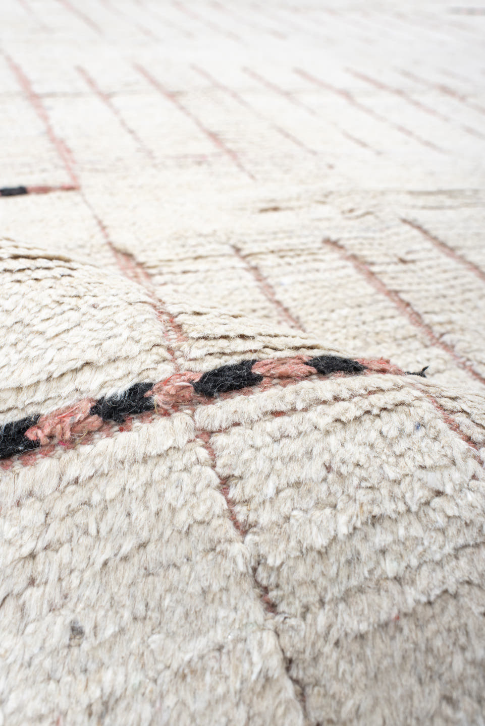 7' x 12' one-of-a-kind handmade vintage Tulu large size rug. Color palette: ivory, blush, charcoal, cream, taupe, pink, gray