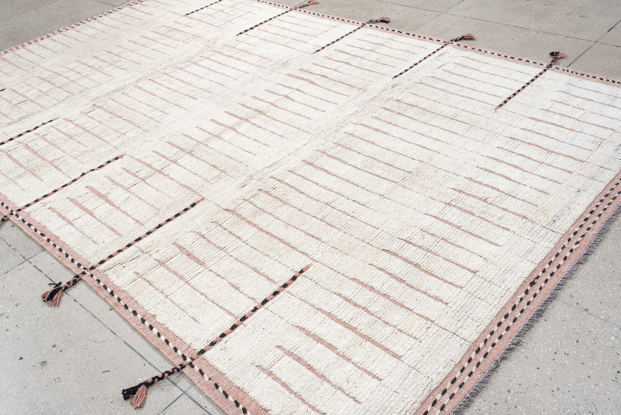 7' x 12' one-of-a-kind handmade vintage Tulu large size rug. Color palette: ivory, blush, charcoal, cream, taupe, pink, gray