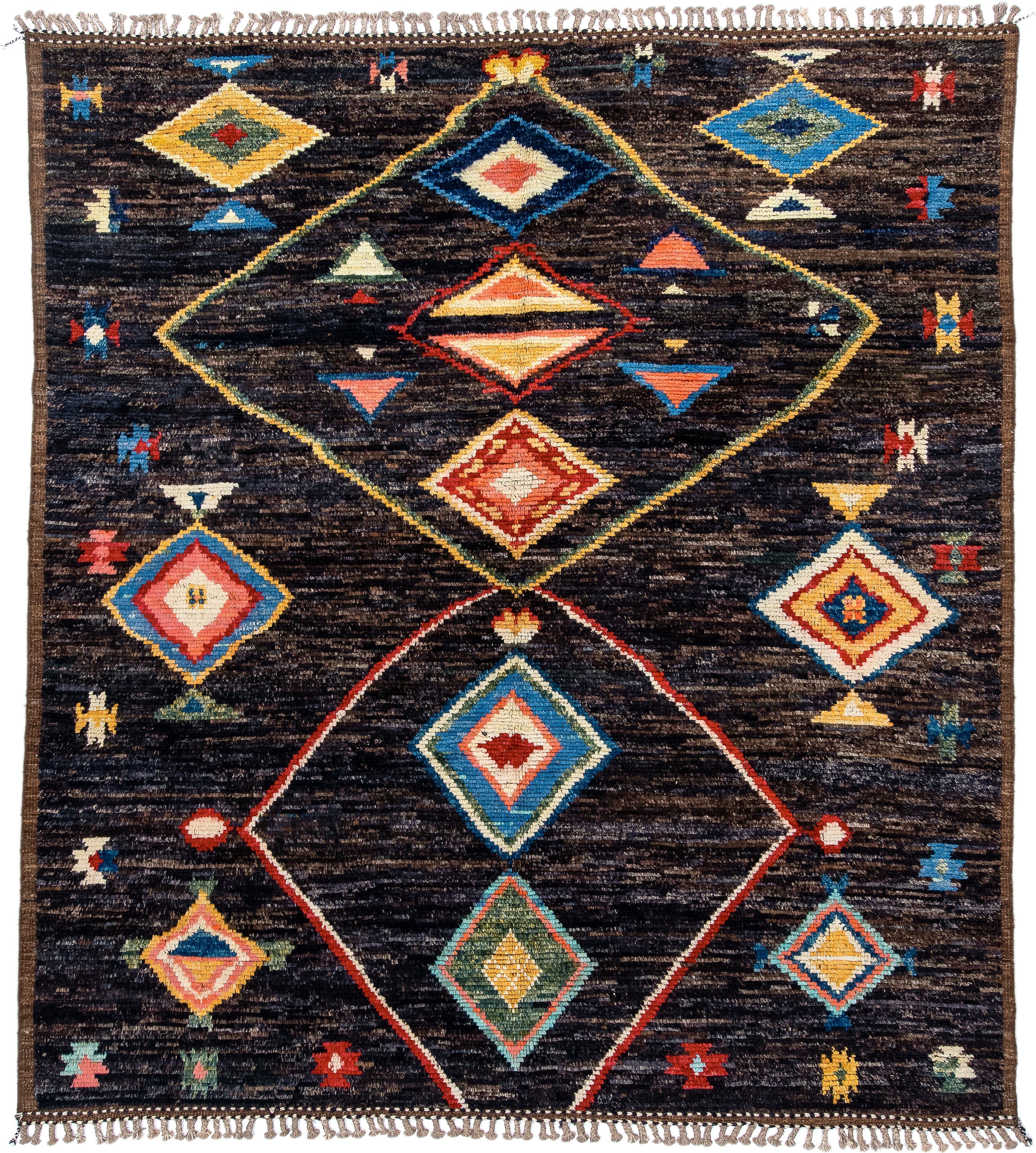 8' x 9' one-of-a-kind handmade vintage Tulu rug. Color palette: charcoal, brown, sky blue, ivory, rust, gold, coral, sage