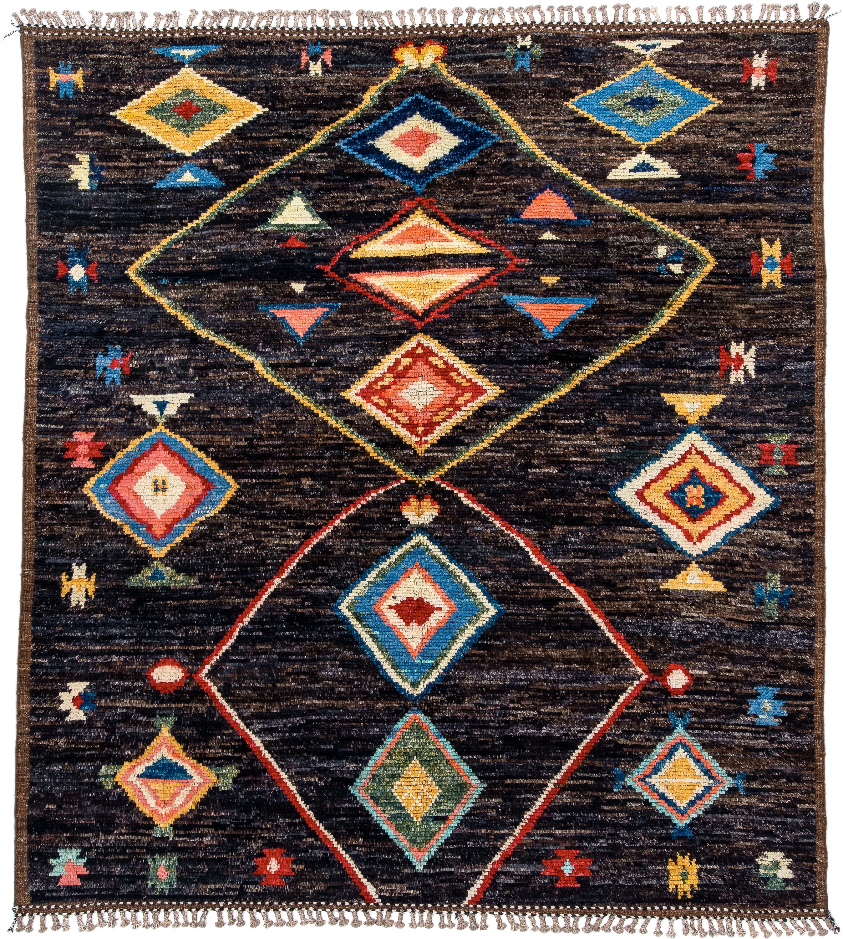 8' x 9' one-of-a-kind handmade vintage Tulu rug. Color palette: charcoal, brown, sky blue, ivory, rust, gold, coral, sage