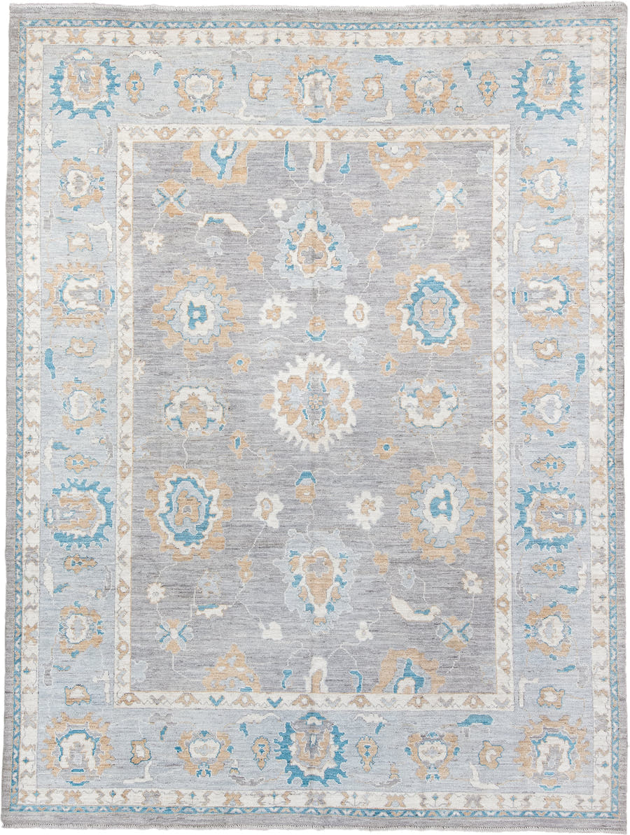 8' x 11' one-of-a-kind handmade vintage Oushak large size rug. Color palette: light gray, ivory, sky blue, beige, taupe