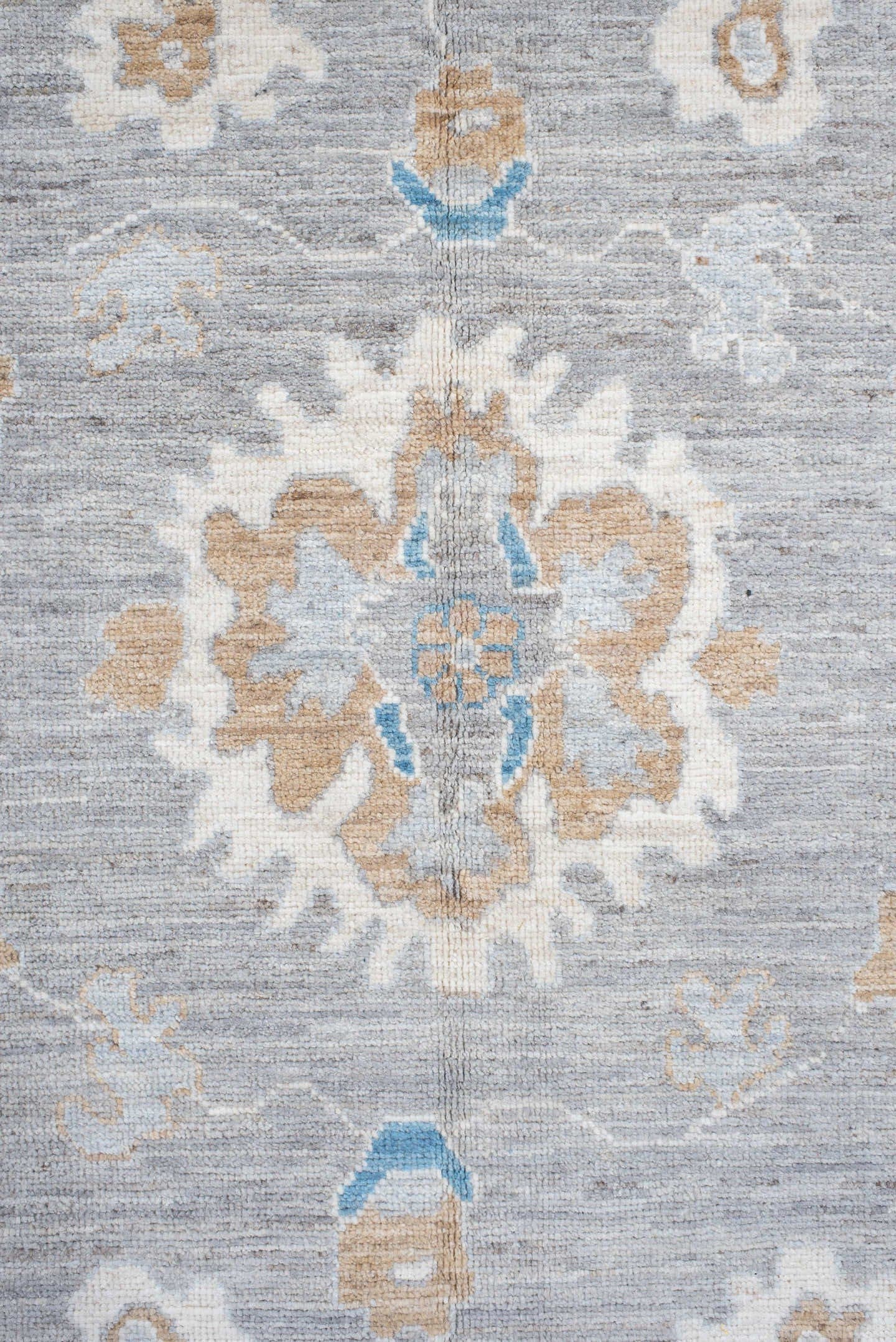 8' x 11' one-of-a-kind handmade vintage Oushak large size rug. Color palette: light gray, ivory, sky blue, beige, taupe