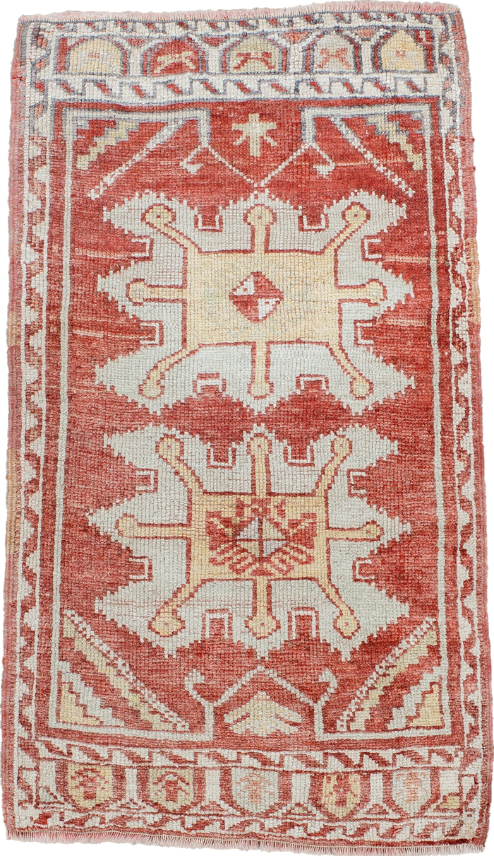 1' x 3' one-of-a-kind handmade vintage Anatolian small size rug. Color palette: antiquewhite, brown, gray, light gray, linen