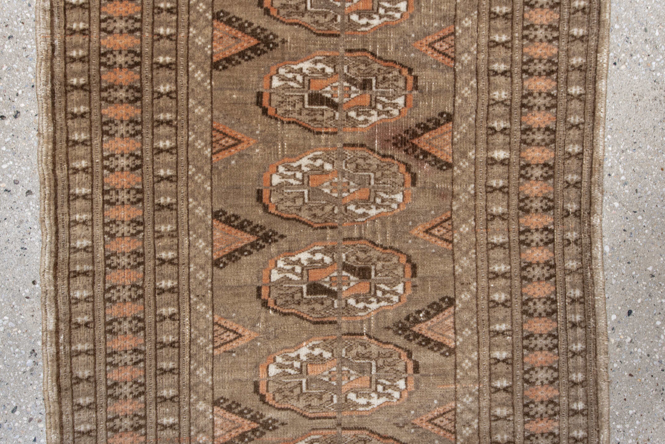 1' x 3' one-of-a-kind handmade vintage Oushak small size rug. Color palette: brown, gray, light gray, pink, blue, off-white