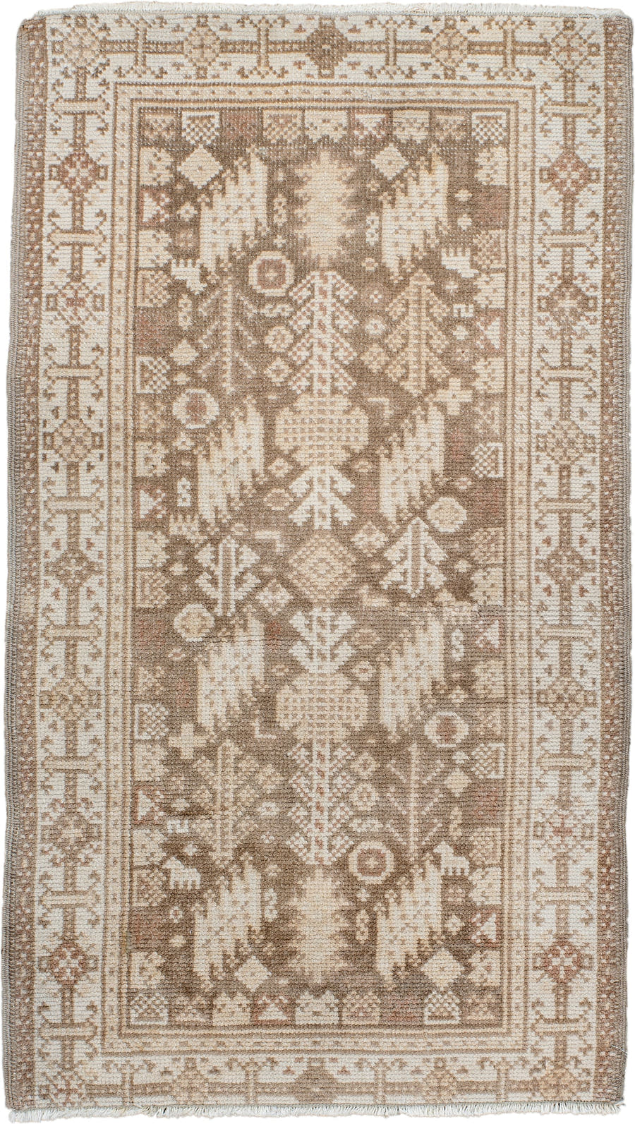 2' x 4' one-of-a-kind handmade antique Oushak small size rug. Color palette: ivory, taupe, camel, beige, light brown, gray