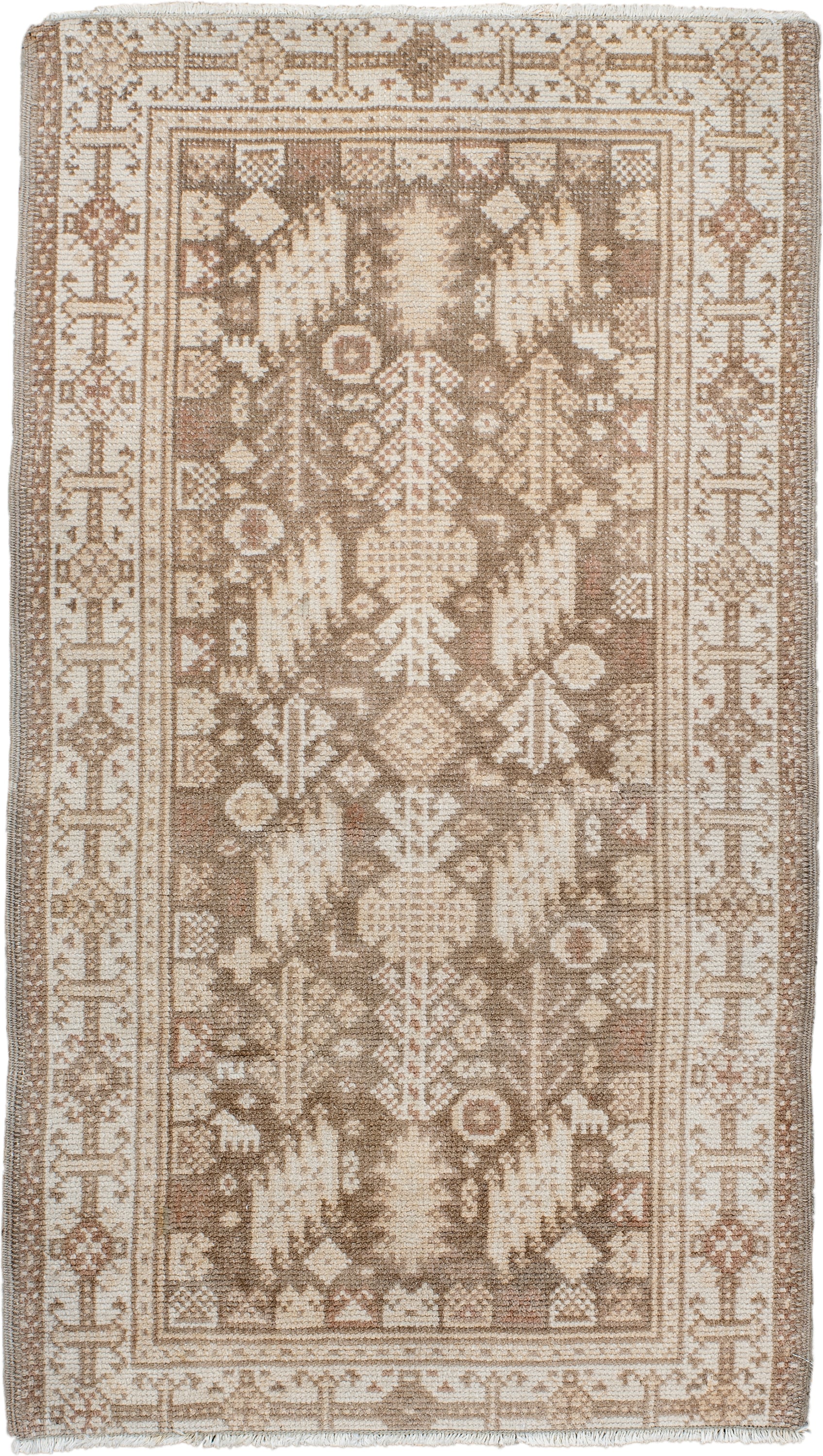 2' x 4' one-of-a-kind handmade antique Oushak small size rug. Color palette: ivory, taupe, camel, beige, light brown, gray