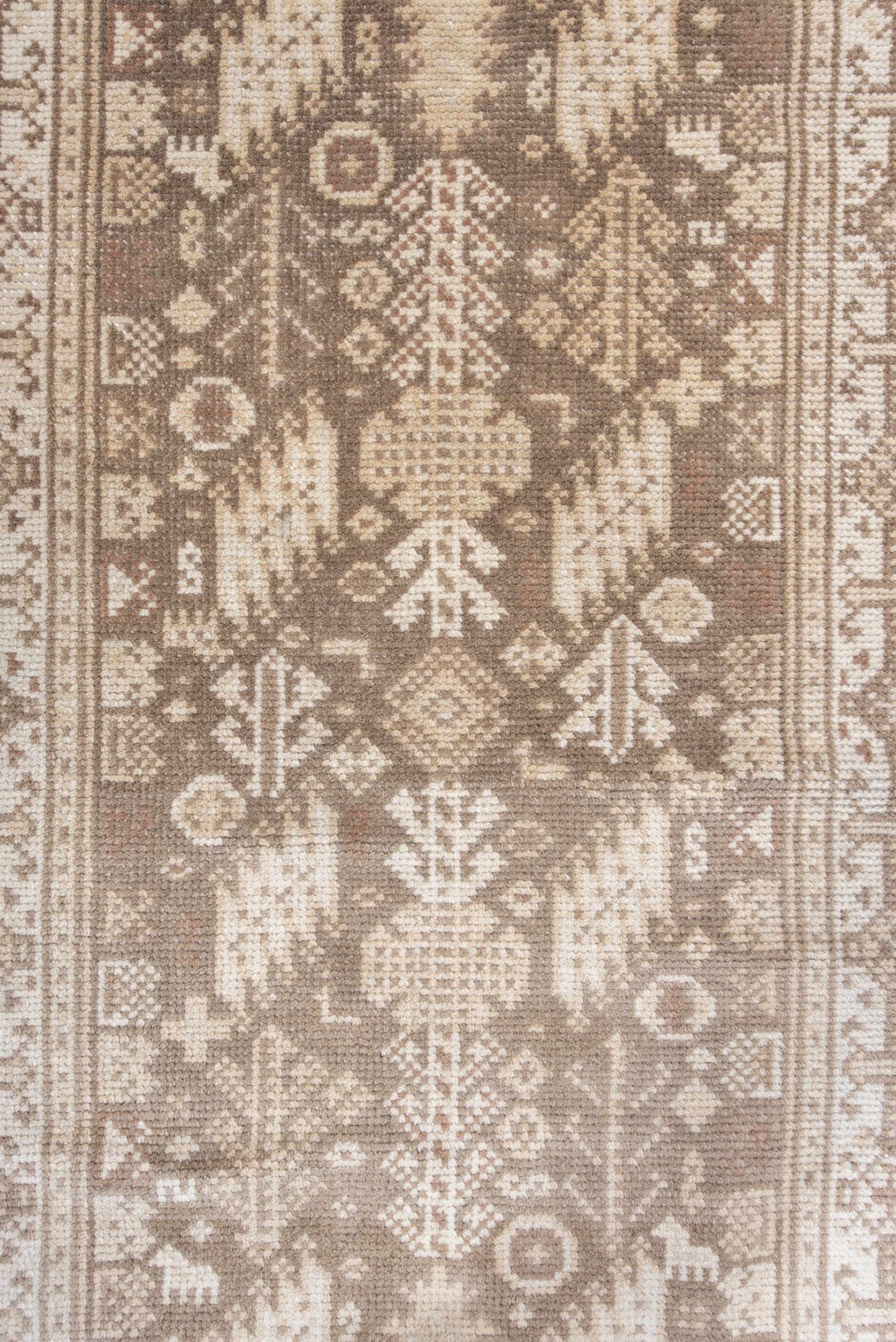 2' x 4' one-of-a-kind handmade antique Oushak small size rug. Color palette: ivory, taupe, camel, beige, light brown, gray