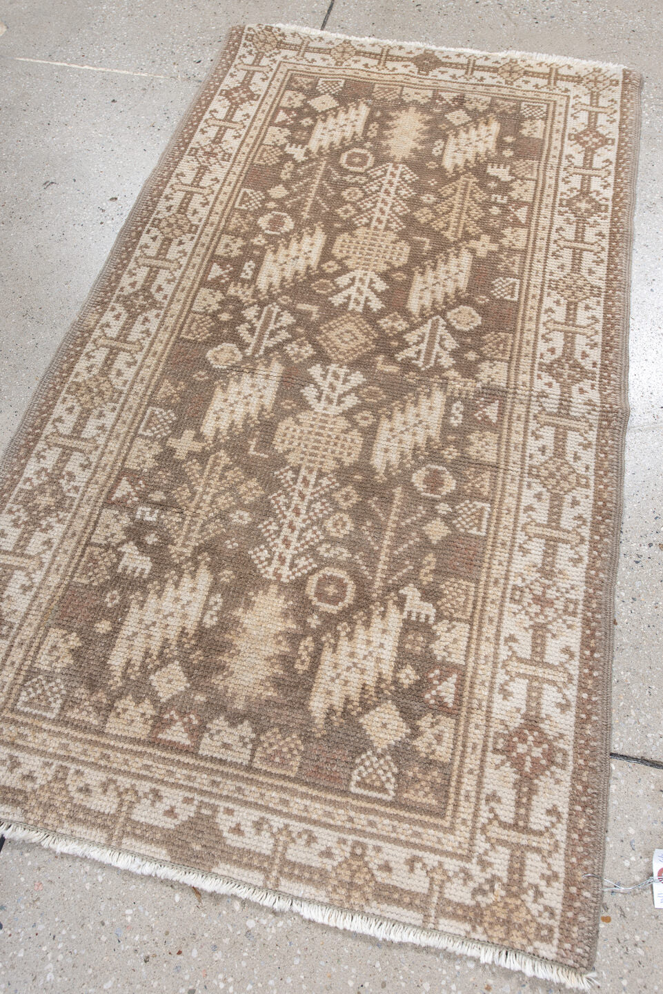 2' x 4' one-of-a-kind handmade antique Oushak small size rug. Color palette: ivory, taupe, camel, beige, light brown, gray