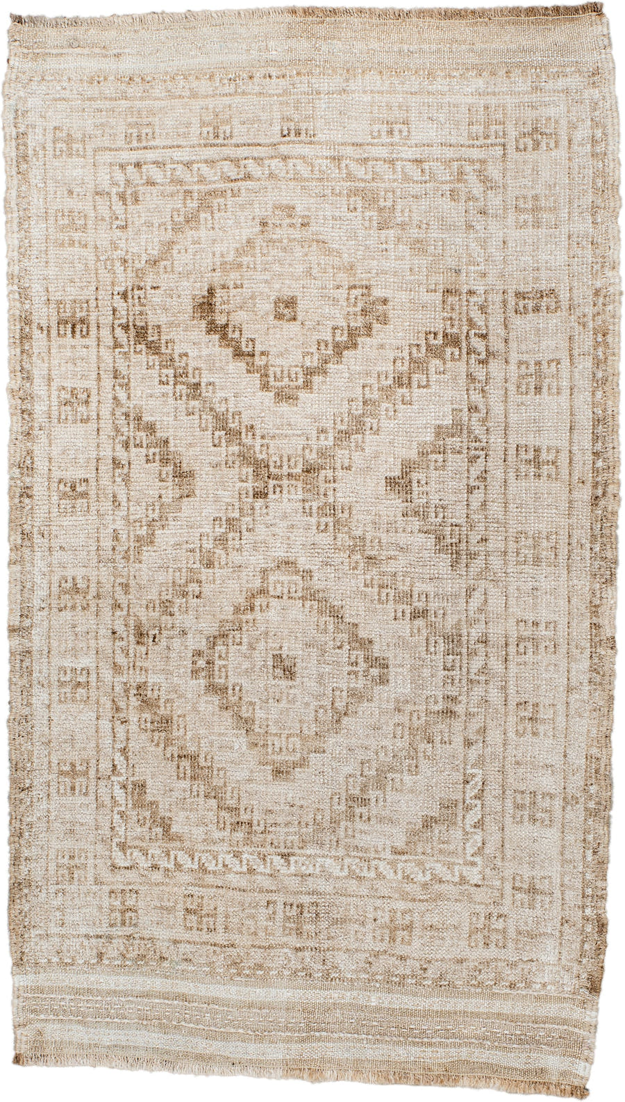 2' x 3' one-of-a-kind handmade antique Belouch small size rug. Color palette: ivory, taupe, beige, camel, gray