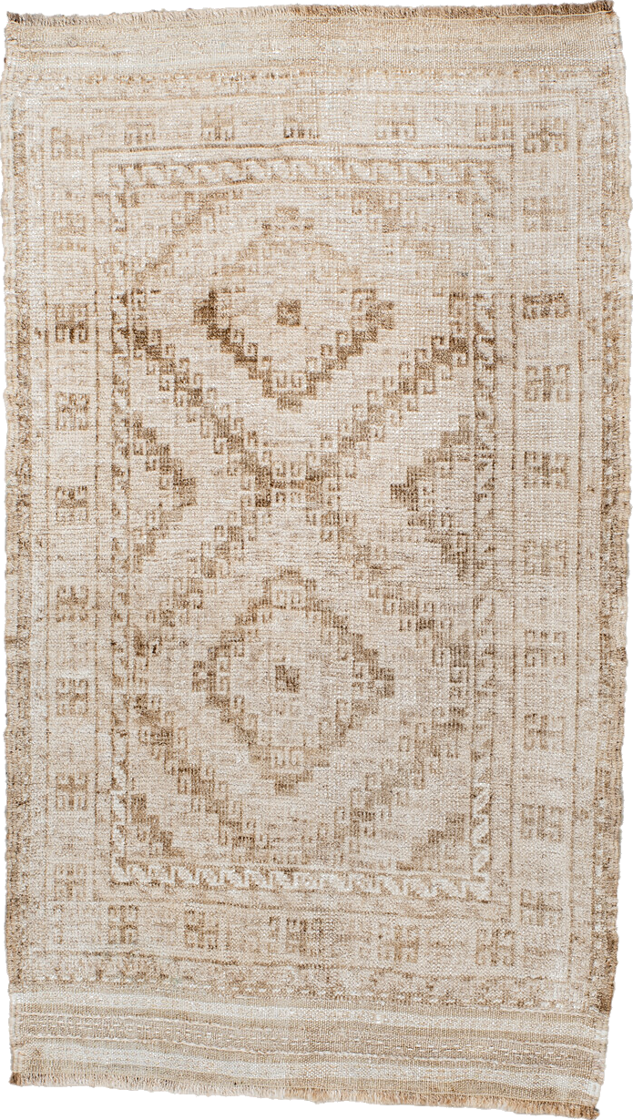 2' x 3' one-of-a-kind handmade vintage Belouch small size rug. Color palette: antiquewhite, brown, gray, light gray, linen