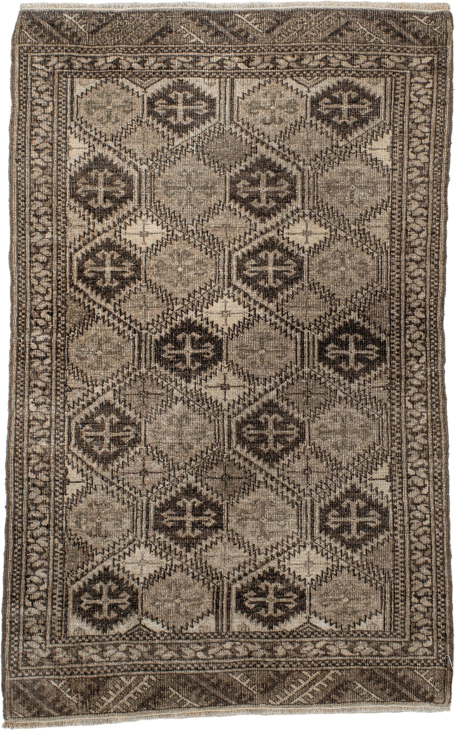 2' x 4' one-of-a-kind handmade antique Afghan small size rug. Color palette: taupe, brown, ivory, charcoal, camel, beige