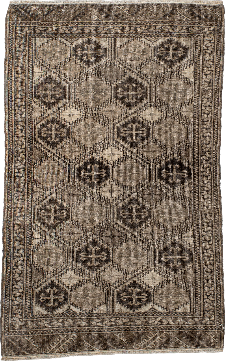 2' x 4' one-of-a-kind handmade vintage Afghan small size rug. Color palette: antiquewhite, black, brown, dark gray, gray