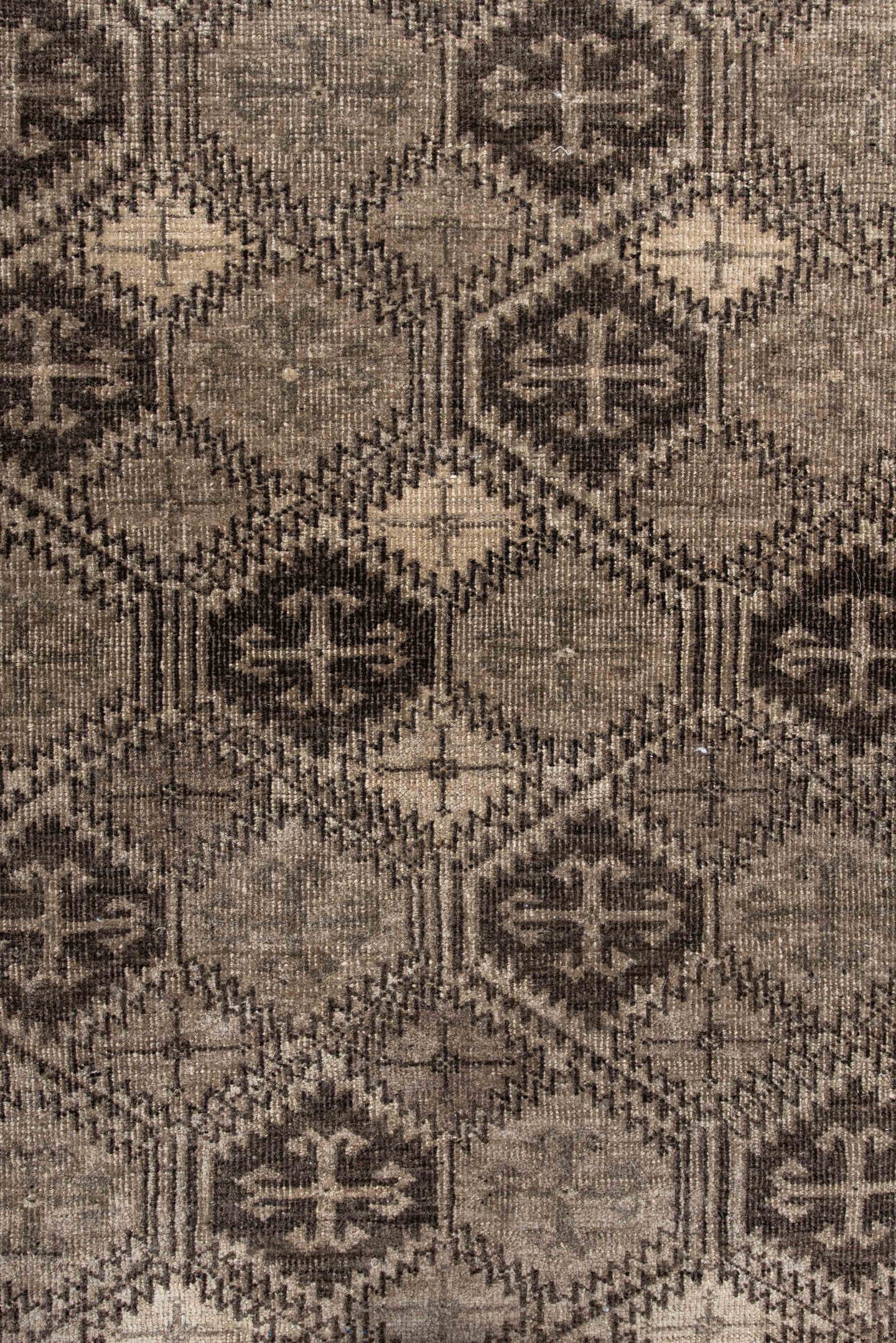 2' x 4' one-of-a-kind handmade antique Afghan small size rug. Color palette: taupe, brown, ivory, charcoal, camel, beige