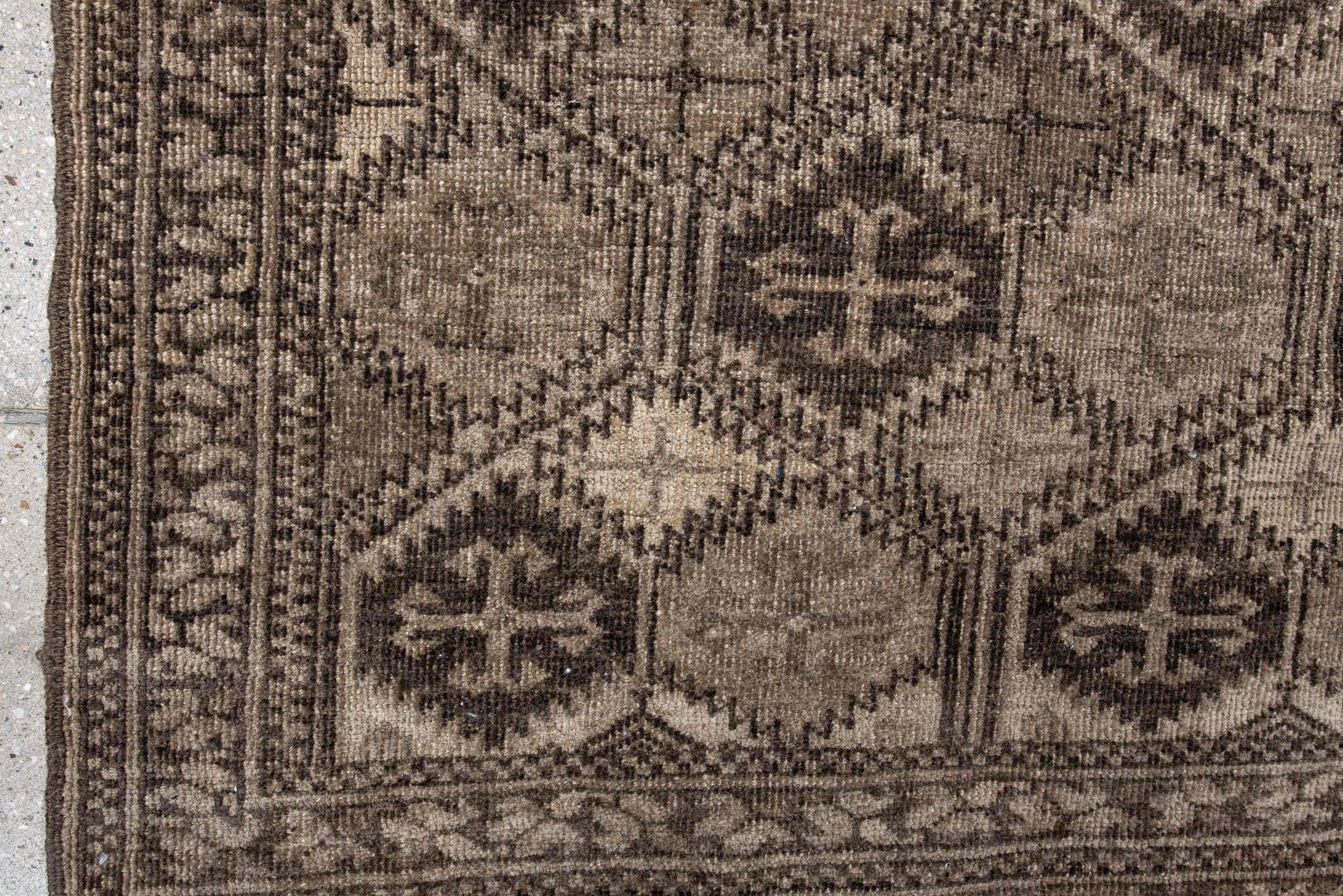 2' x 4' one-of-a-kind handmade antique Afghan small size rug. Color palette: taupe, brown, ivory, charcoal, camel, beige