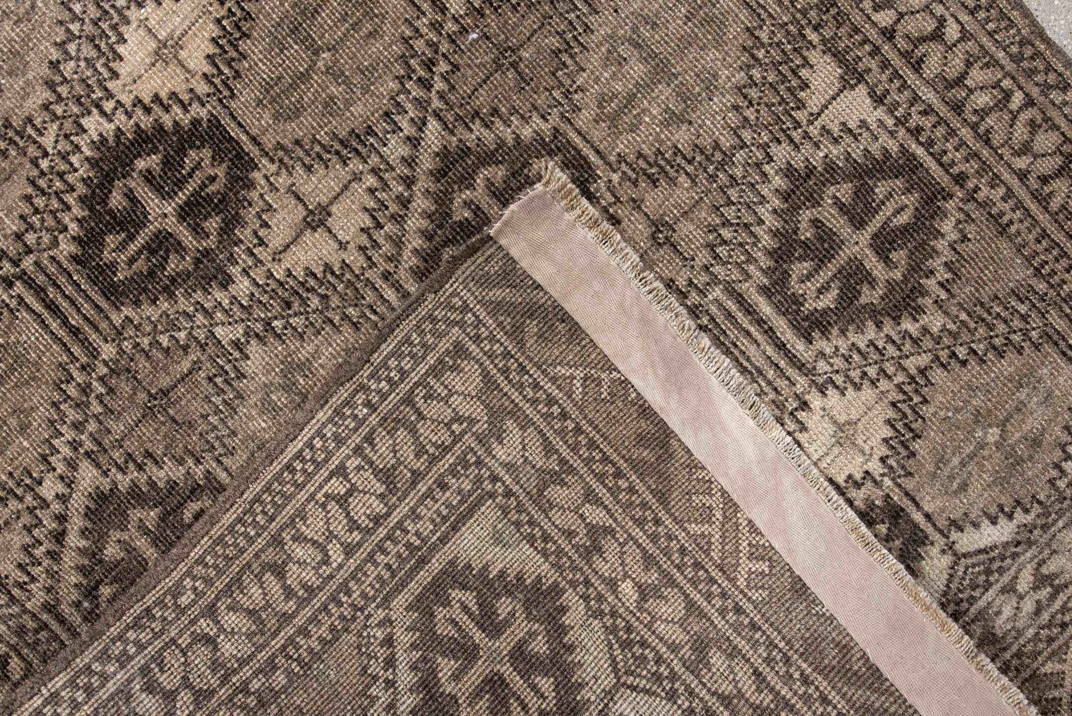 2' x 4' one-of-a-kind handmade antique Afghan small size rug. Color palette: taupe, brown, ivory, charcoal, camel, beige