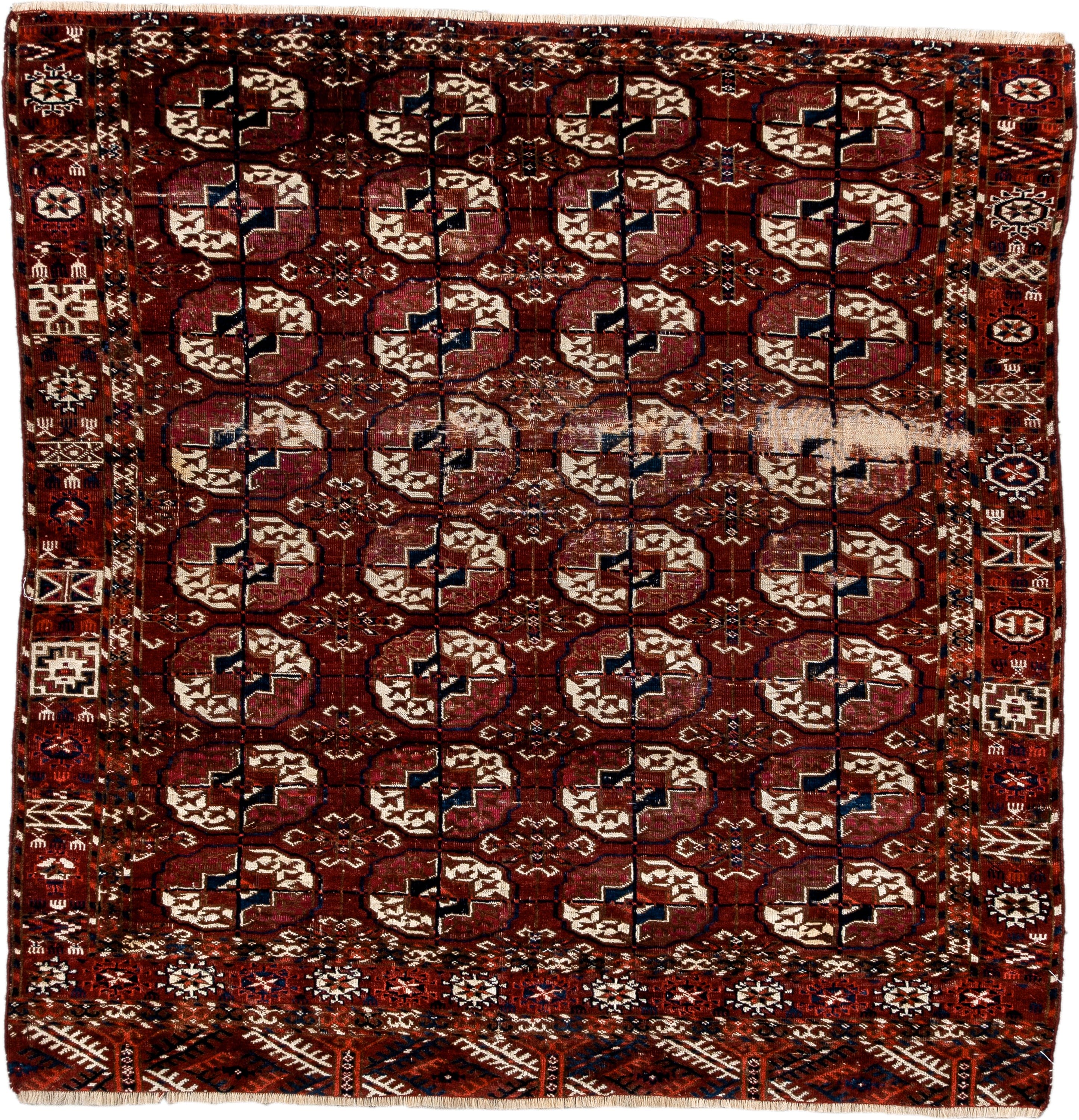 3' x 3' one-of-a-kind handmade antique Torkaman small size rug. Color palette: rust, burgundy, ivory, navy, mahogany