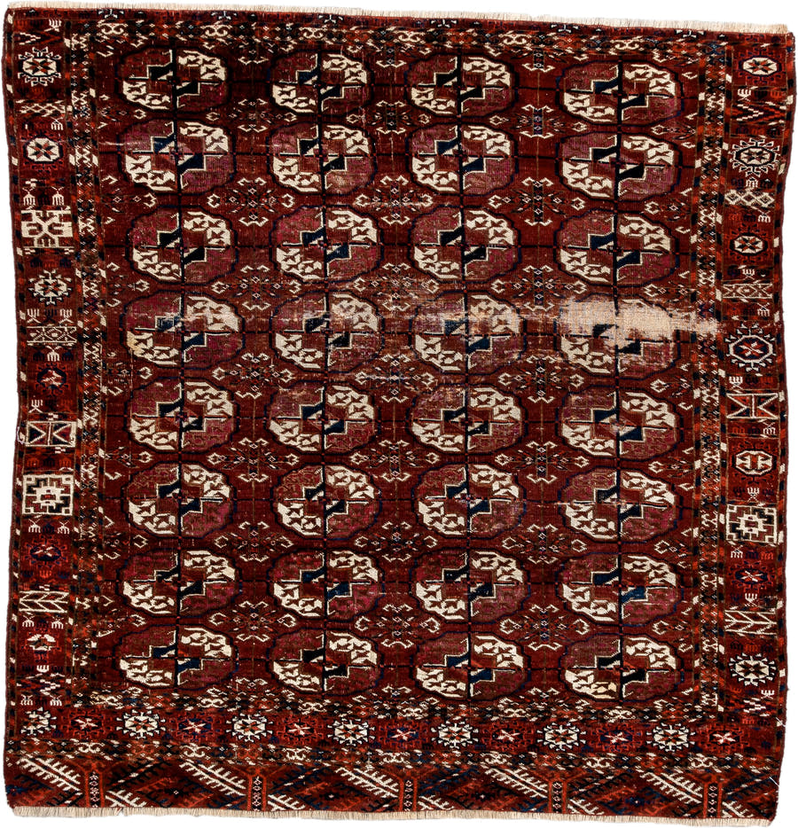 3' x 3' one-of-a-kind handmade antique Torkaman small size rug. Color palette: rust, burgundy, ivory, navy, mahogany