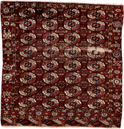 3' x 3' one-of-a-kind handmade antique Torkaman small size rug. Color palette: rust, burgundy, ivory, navy, mahogany