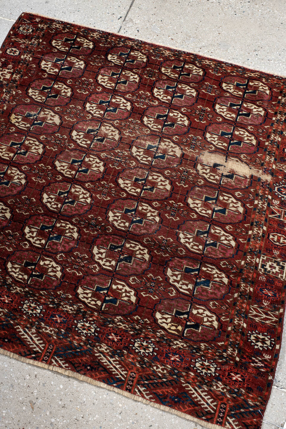 3' x 3' one-of-a-kind handmade antique Torkaman small size rug. Color palette: rust, burgundy, ivory, navy, mahogany