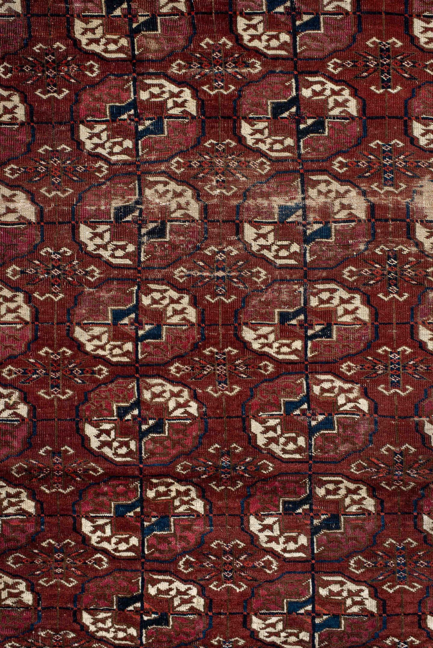 3' x 3' one-of-a-kind handmade antique Torkaman small size rug. Color palette: rust, burgundy, ivory, navy, mahogany