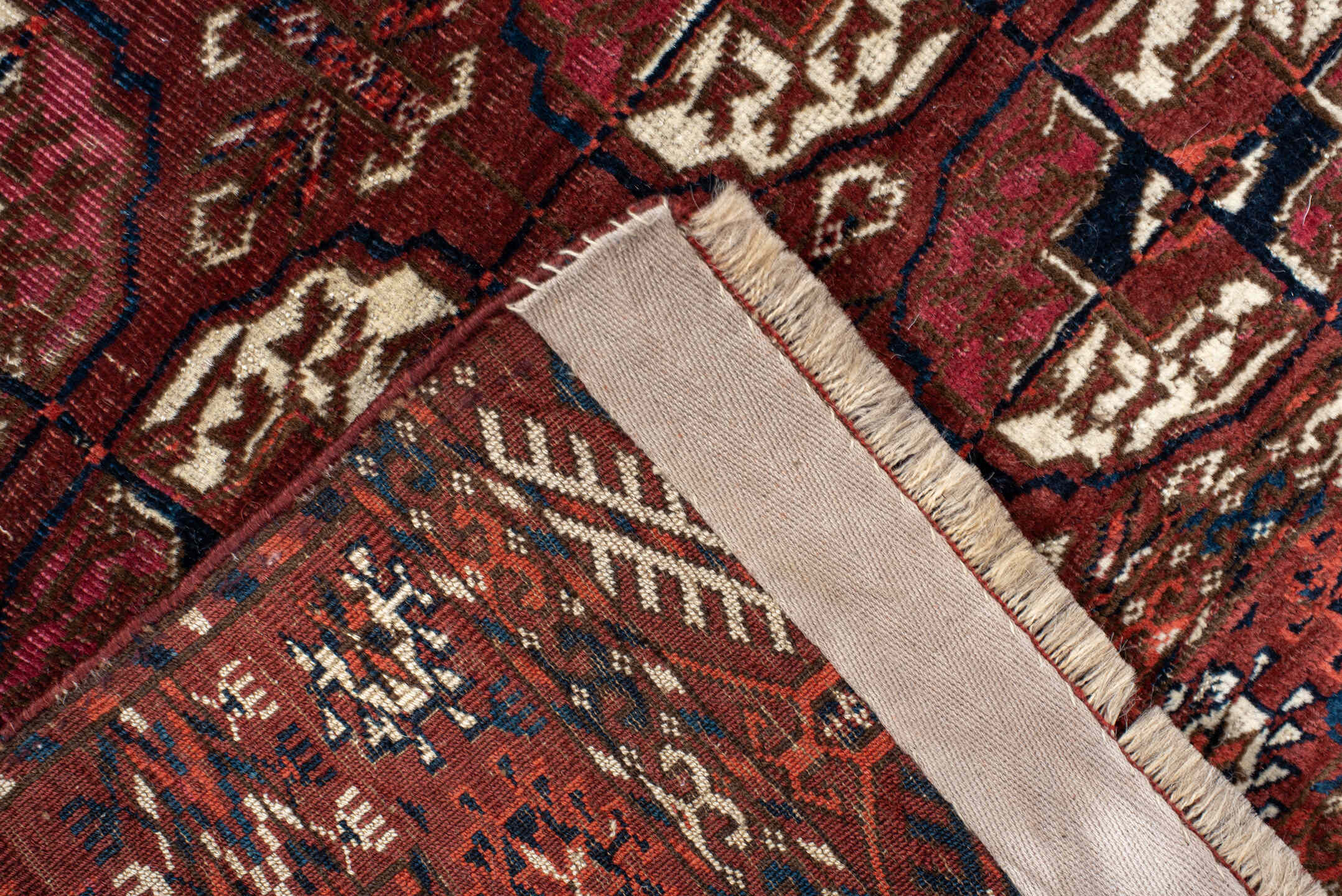 3' x 3' one-of-a-kind handmade antique Torkaman small size rug. Color palette: rust, burgundy, ivory, navy, mahogany
