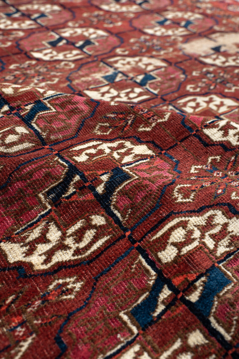 3' x 3' one-of-a-kind handmade antique Torkaman small size rug. Color palette: rust, burgundy, ivory, navy, mahogany