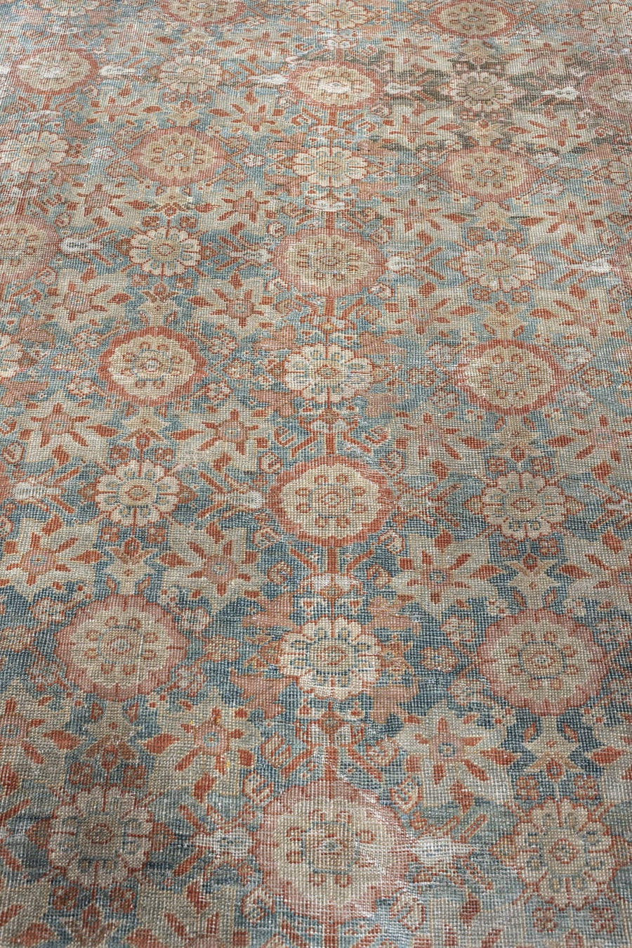 6' x 13' one-of-a-kind handmade antique Farahan large size rug. Color palette: blue green, terracotta, ivory, dusty rose