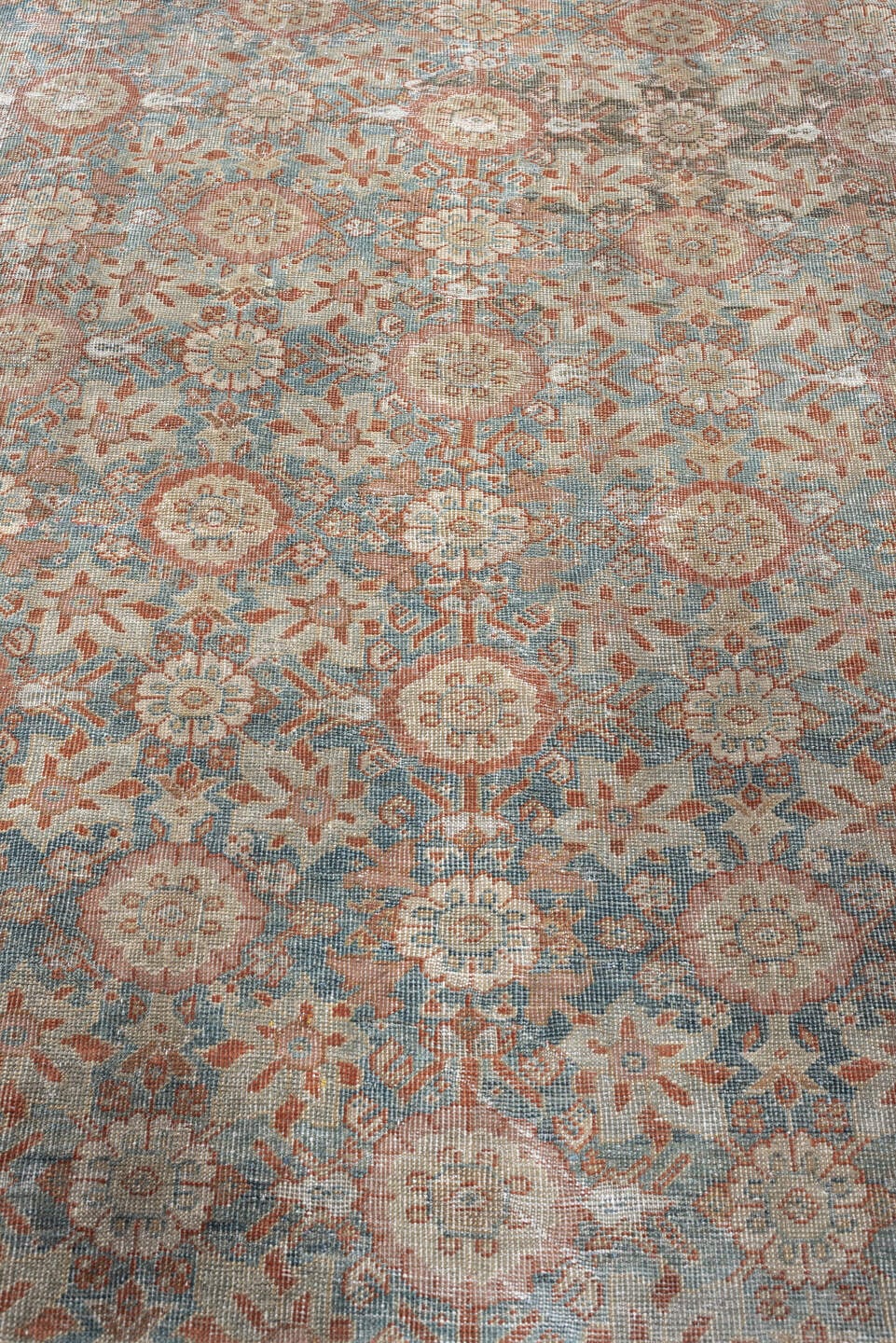 6' x 13' one-of-a-kind handmade antique Farahan large size rug. Color palette: blue green, terracotta, ivory, dusty rose