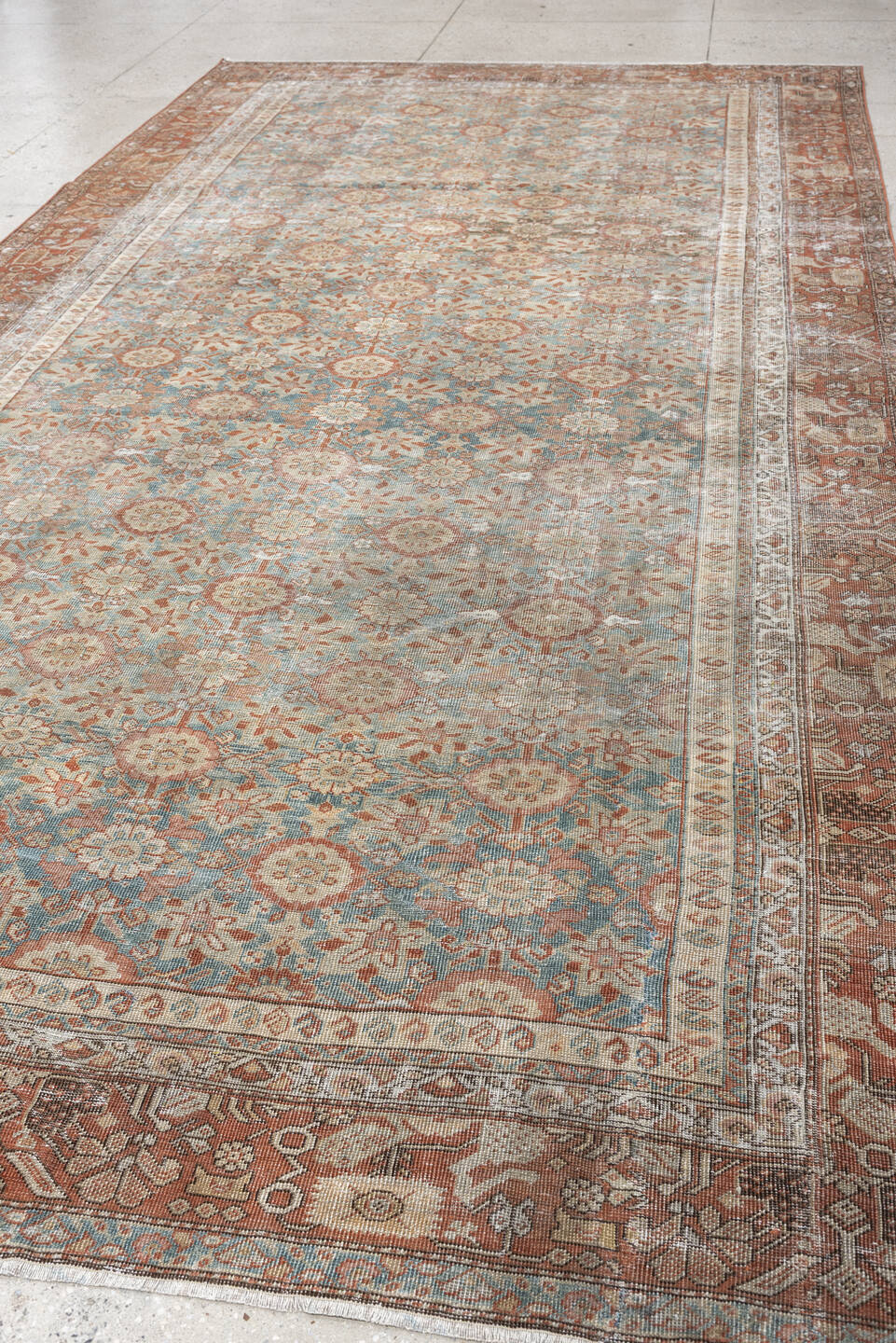 6' x 13' one-of-a-kind handmade antique Farahan large size rug. Color palette: blue green, terracotta, ivory, dusty rose