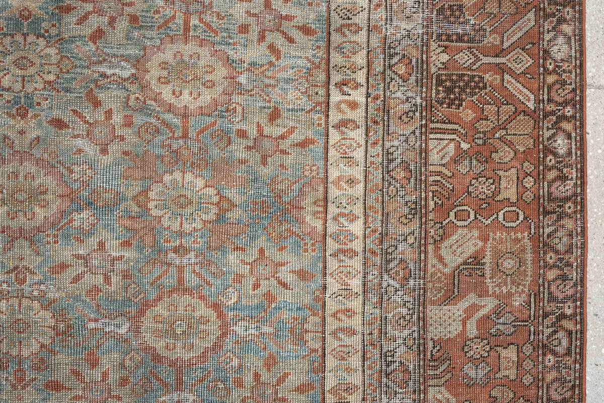6' x 13' one-of-a-kind handmade antique Farahan large size rug. Color palette: blue green, terracotta, ivory, dusty rose