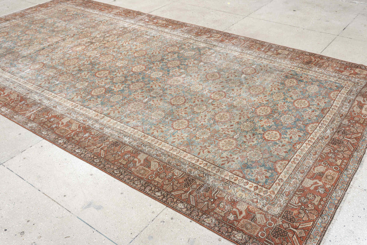 6' x 13' one-of-a-kind handmade antique Farahan large size rug. Color palette: blue green, terracotta, ivory, dusty rose