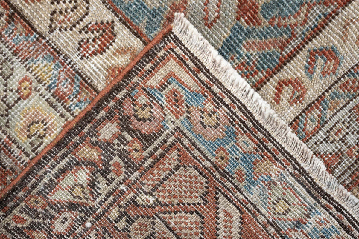 6' x 13' one-of-a-kind handmade antique Farahan large size rug. Color palette: blue green, terracotta, ivory, dusty rose