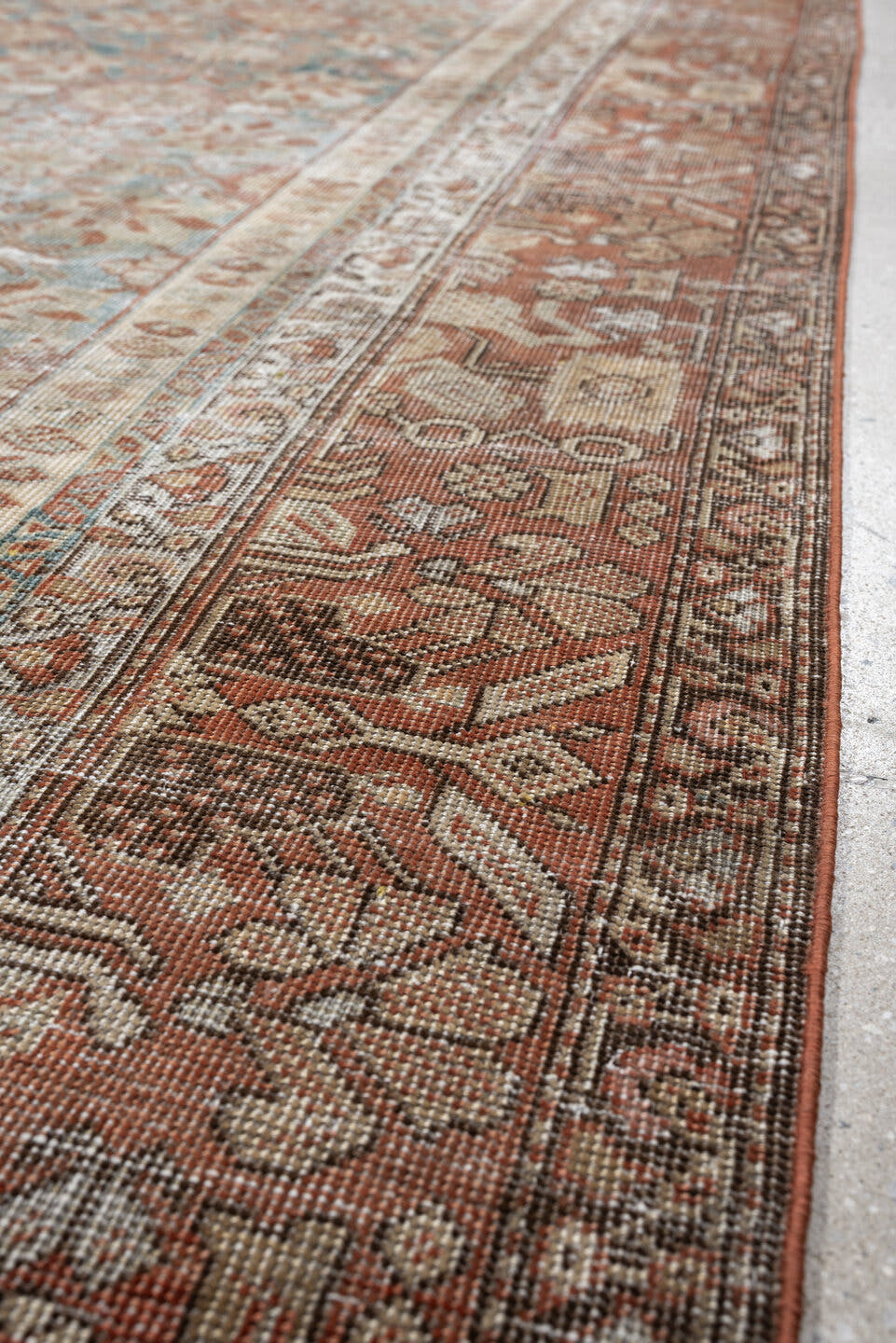 6' x 13' one-of-a-kind handmade antique Farahan large size rug. Color palette: blue green, terracotta, ivory, dusty rose