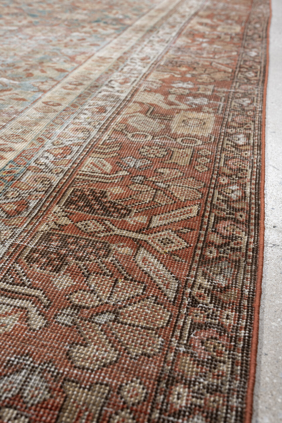 6' x 13' one-of-a-kind handmade antique Farahan large size rug. Color palette: blue green, terracotta, ivory, dusty rose