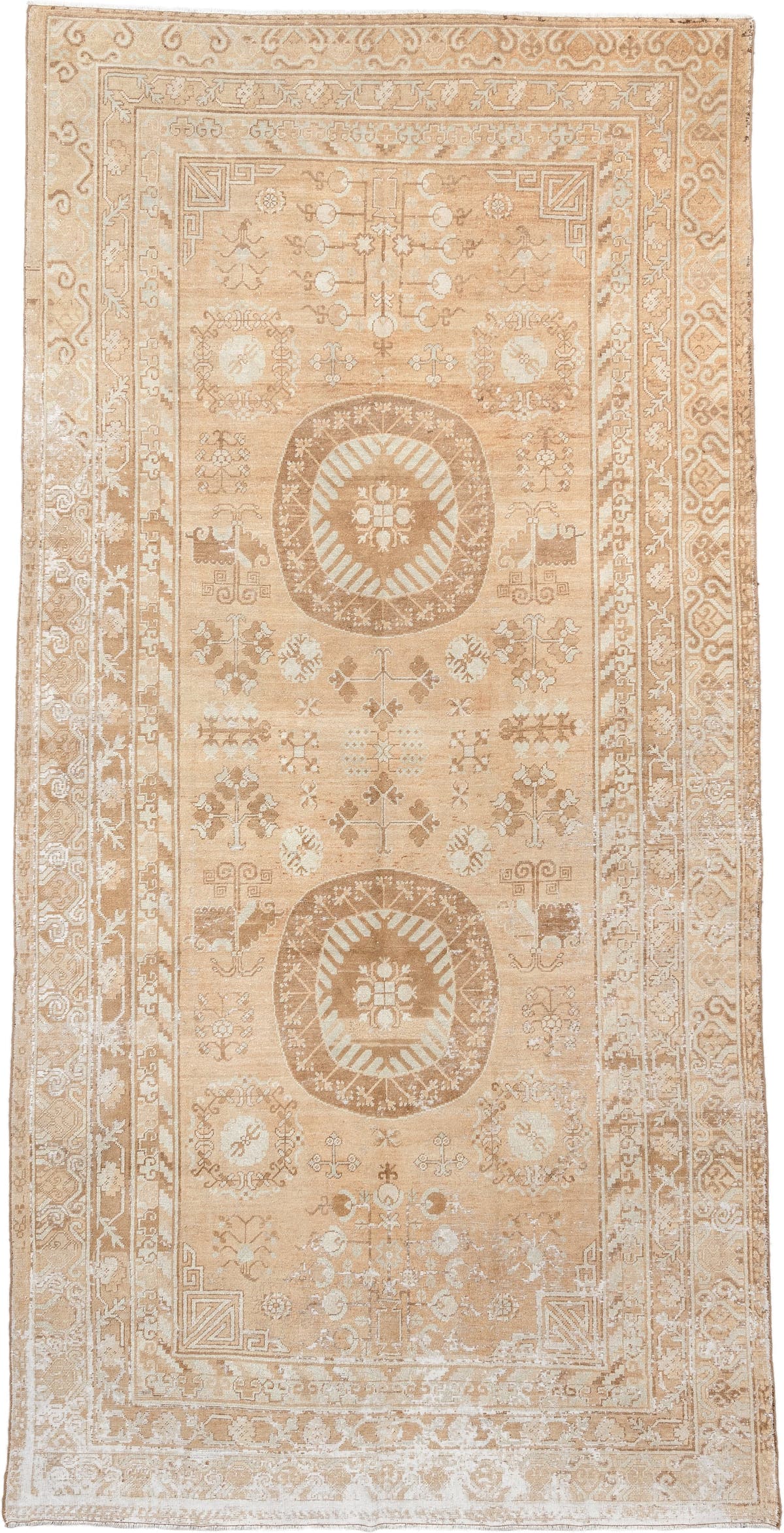 6' x 10' one-of-a-kind handmade antique Khotan large size rug. Color palette: camel, ivory, sand, taupe, beige, warm gray