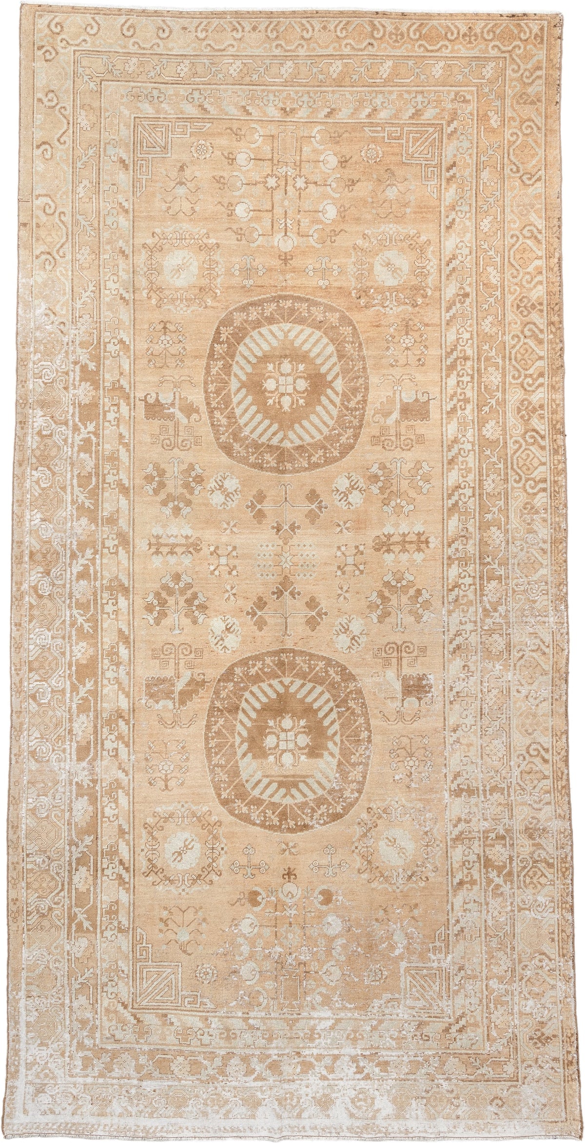 6' x 10' one-of-a-kind handmade antique Khotan large size rug. Color palette: camel, ivory, sand, taupe, beige, warm gray