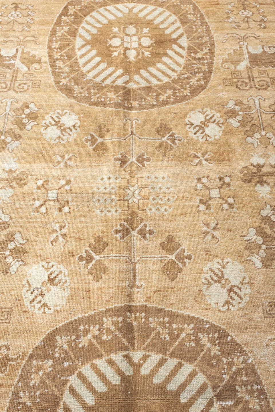 6' x 10' one-of-a-kind handmade antique Khotan large size rug. Color palette: camel, ivory, sand, taupe, beige, warm gray