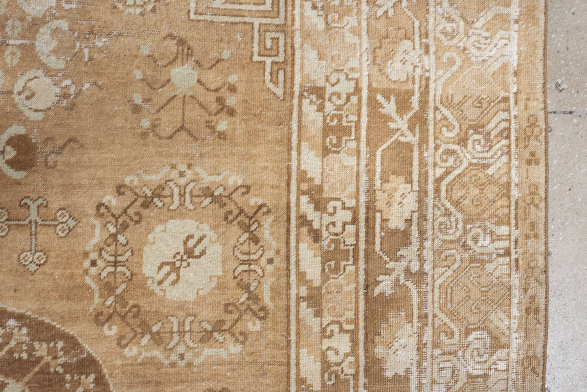 6' x 10' one-of-a-kind handmade antique Khotan large size rug. Color palette: camel, ivory, sand, taupe, beige, warm gray
