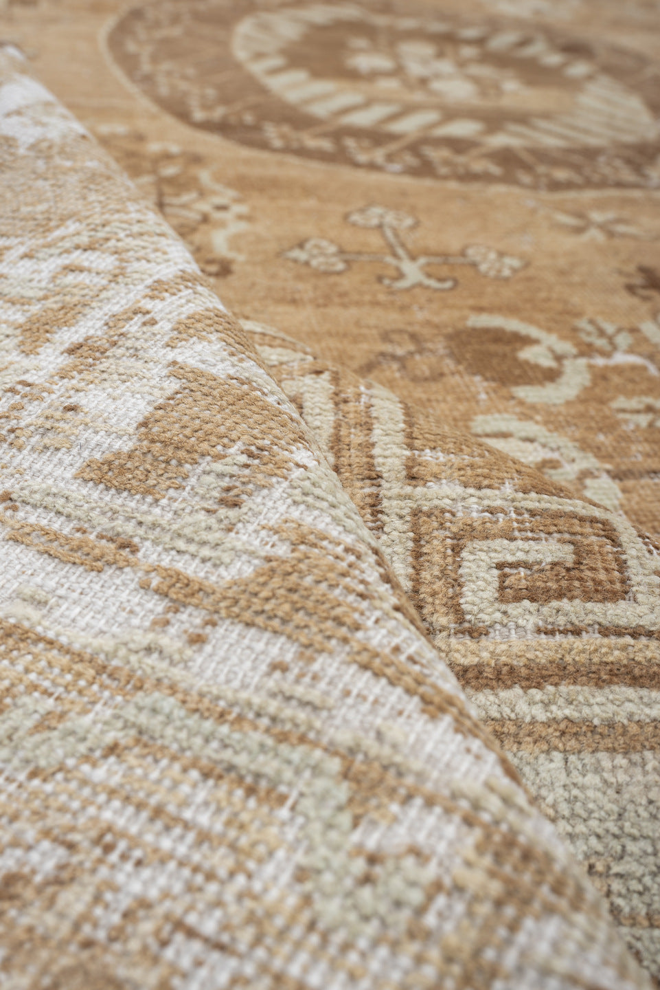 6' x 10' one-of-a-kind handmade antique Khotan large size rug. Color palette: camel, ivory, sand, taupe, beige, warm gray